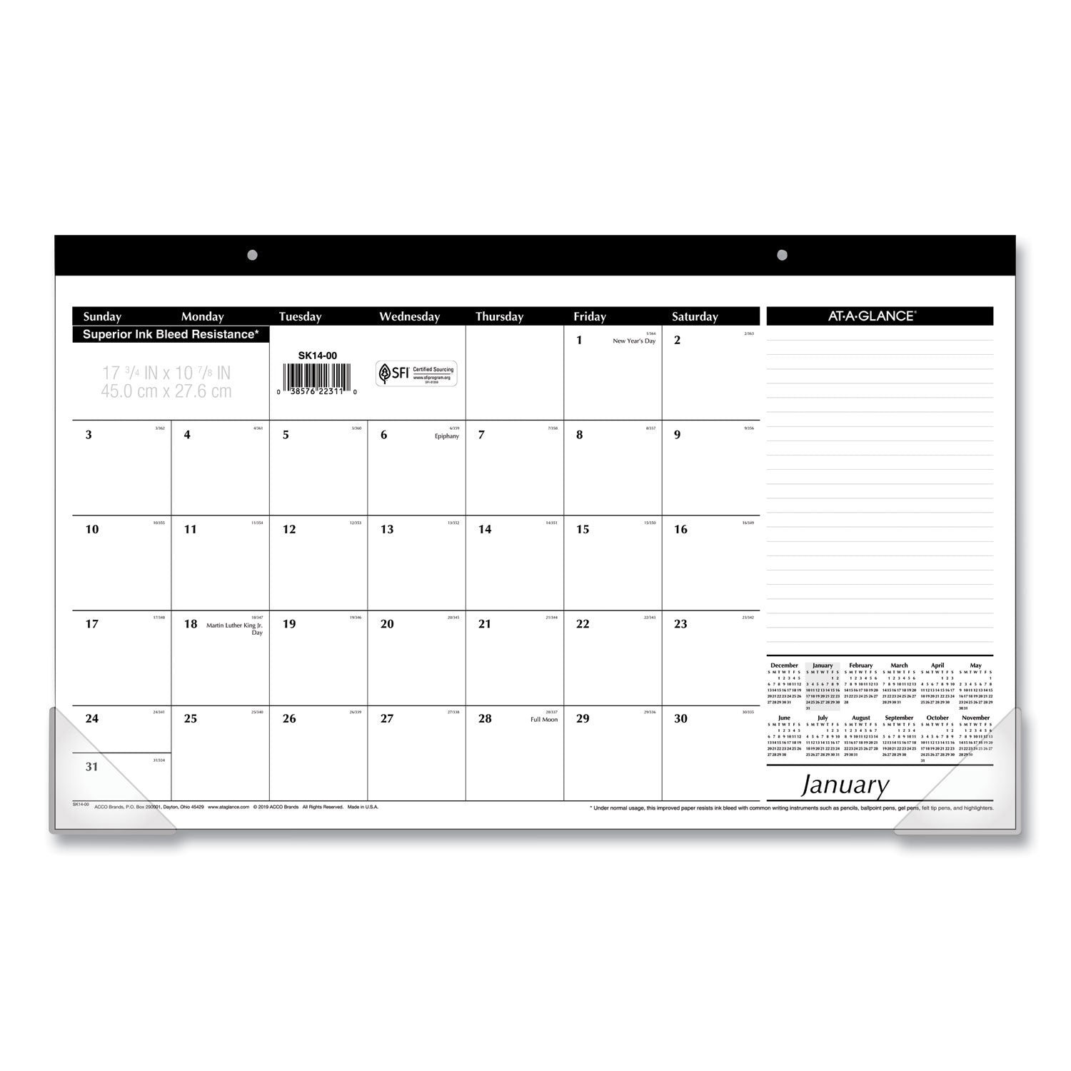 Compact Desk Pad, 18 x 11, White Sheets, Black Binding, Clear Corners, 12-Month (Jan to Dec): 2025