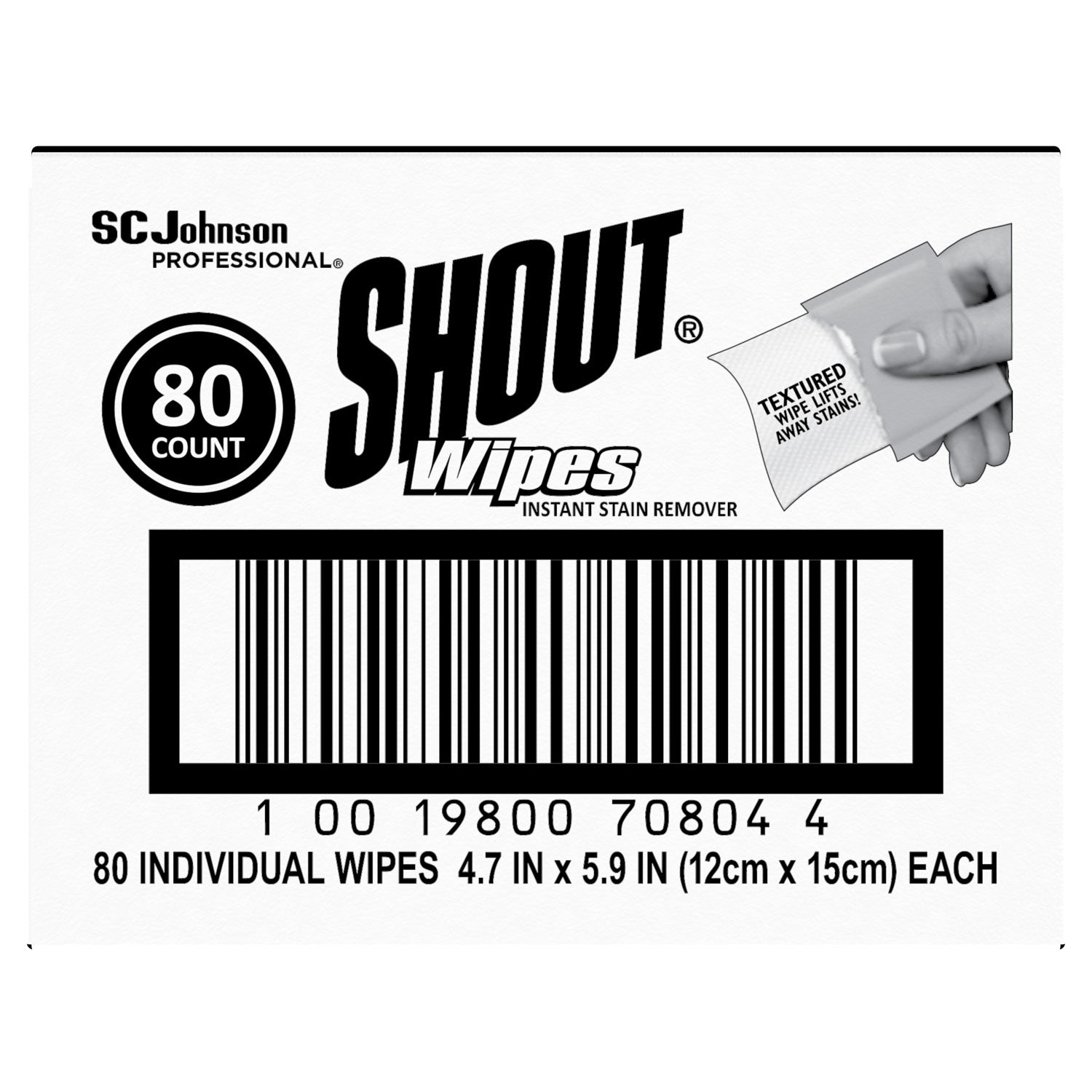 Shout® Wipe and Go Instant Stain Remover, 4.7 x 5.9, Unscented, White, 80 Packets/Carton