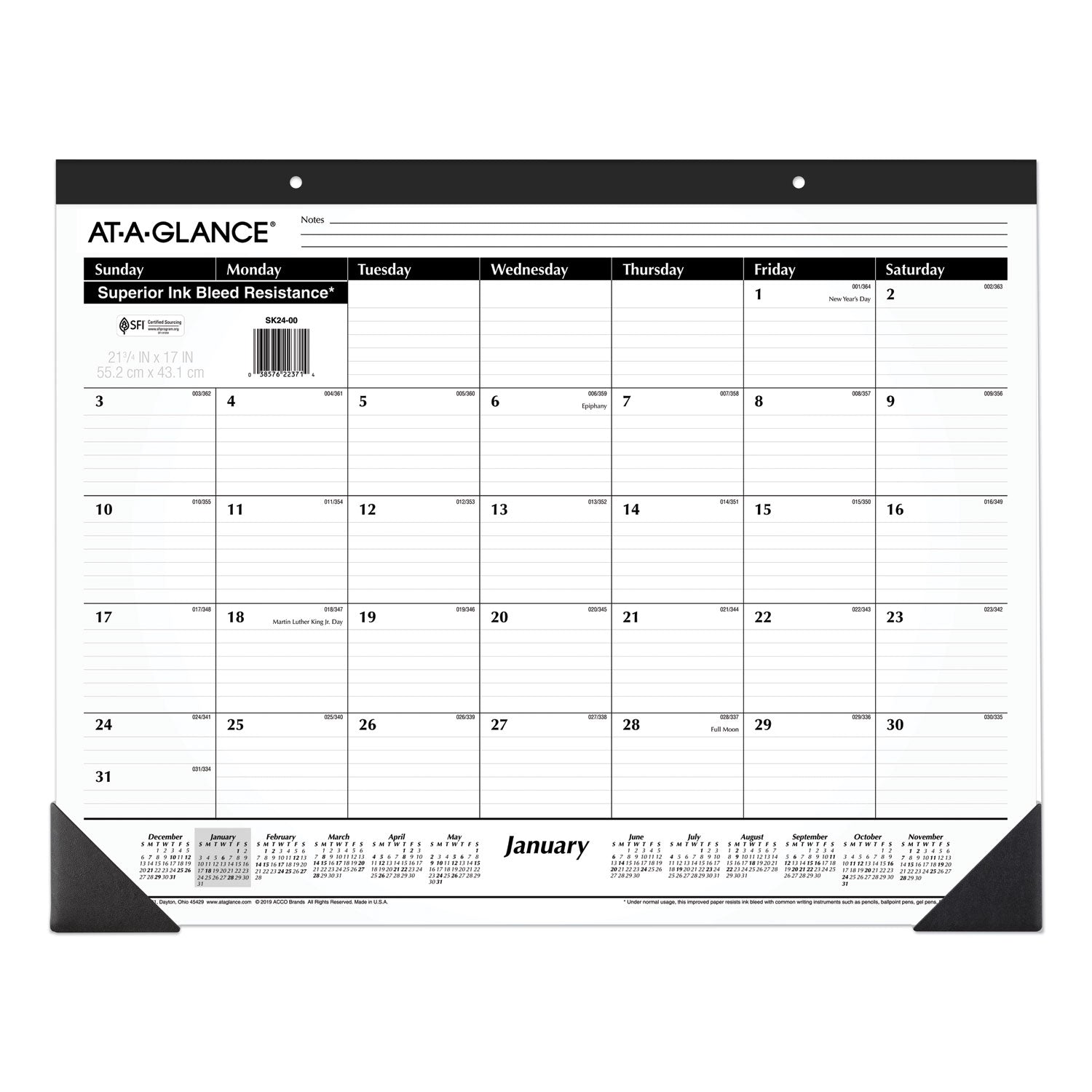 Ruled Desk Pad, 22 x 17, White Sheets, Black Binding, Black Corners, 12-Month (Jan to Dec): 2025
