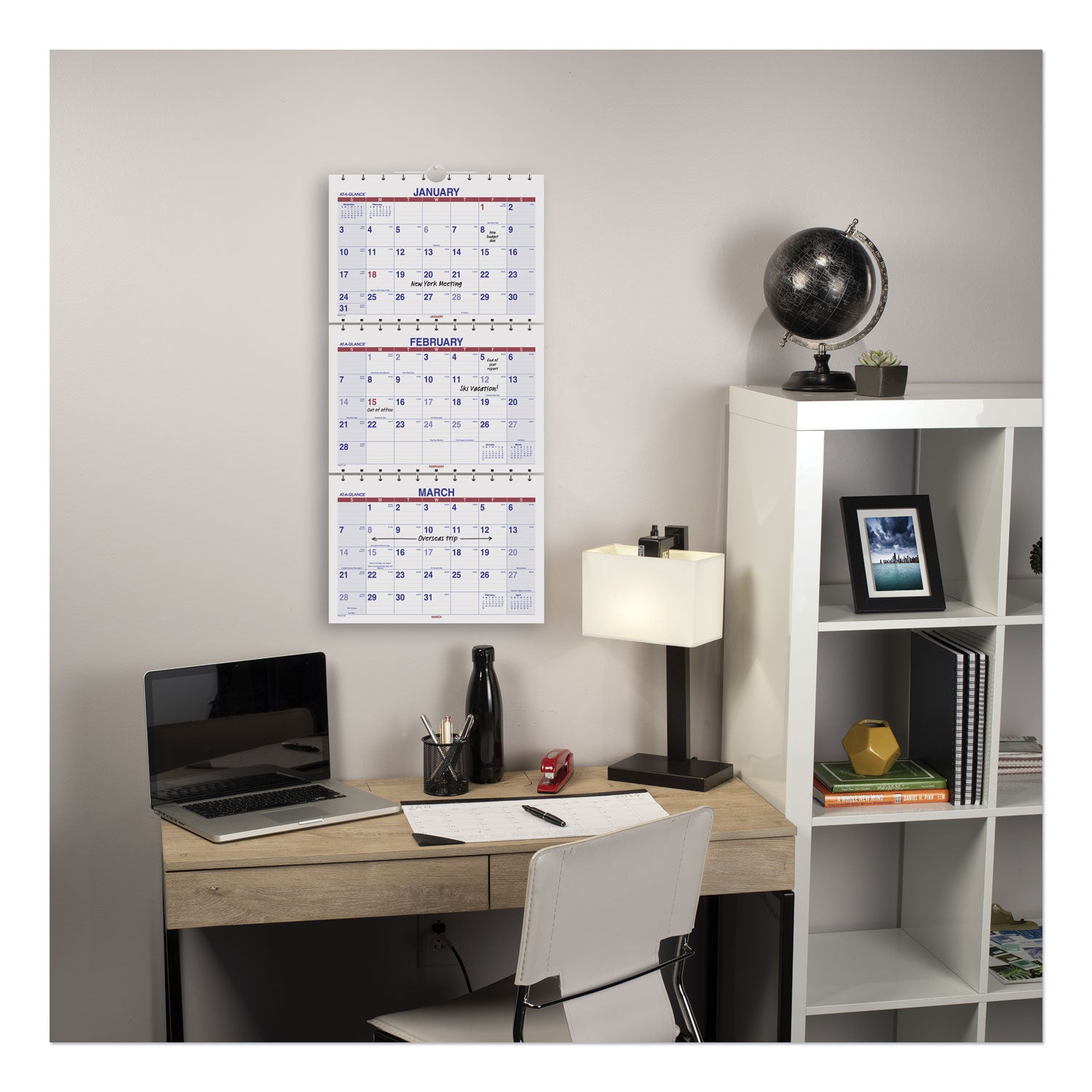 AT-A-GLANCE® Move-A-Page Three-Month Wall Calendar, 12 x 27, White/Red/Blue Sheets, 15-Month: Dec 2024 to Feb 2026