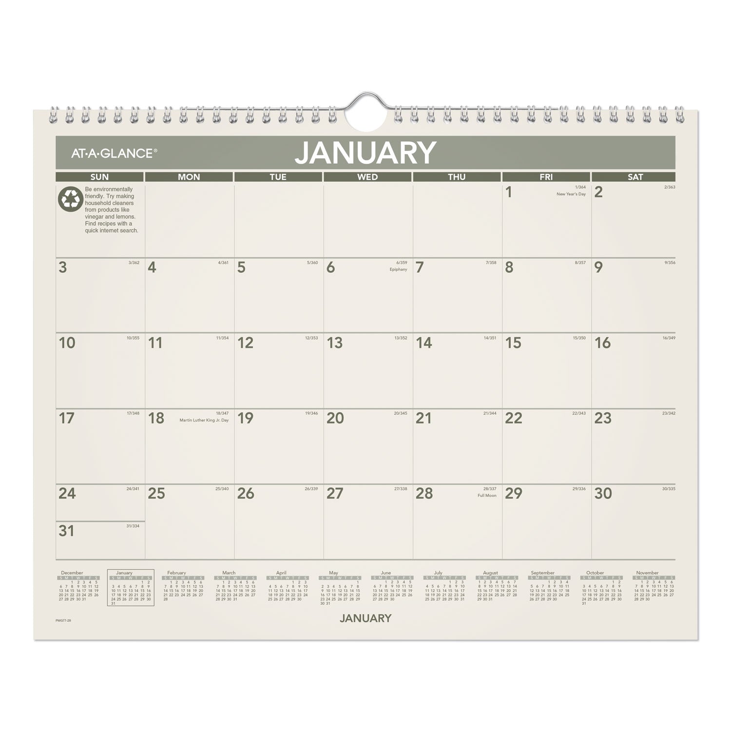 Recycled Wall Calendar, Unruled Blocks, 15 x 12, Sand/Green Sheets, 12-Month (Jan to Dec): 2025