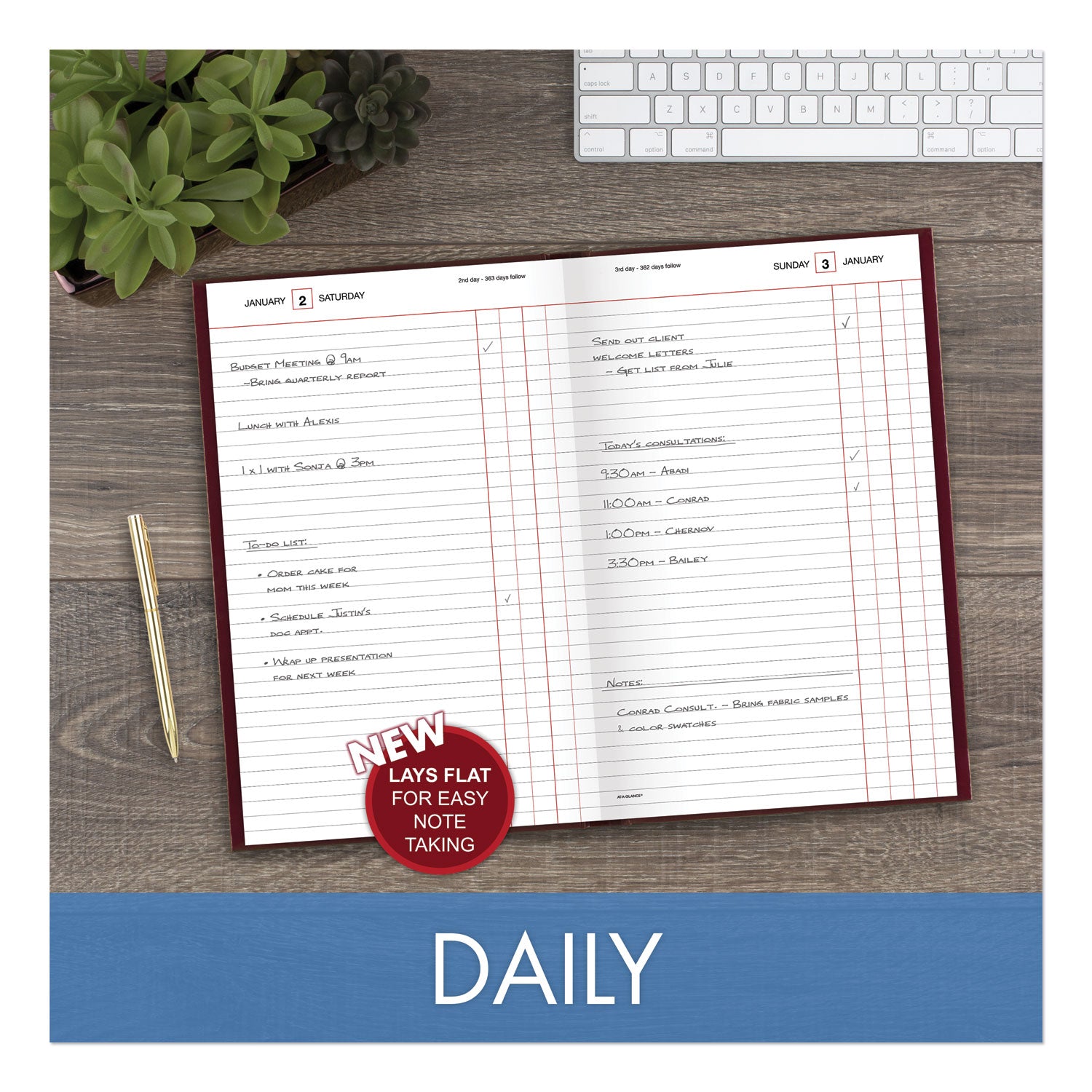 AT-A-GLANCE® Standard Diary Daily Journal, 2025 Edition, Wide/Legal Rule, Red Cover, (210) 12 x 7.75 Sheets