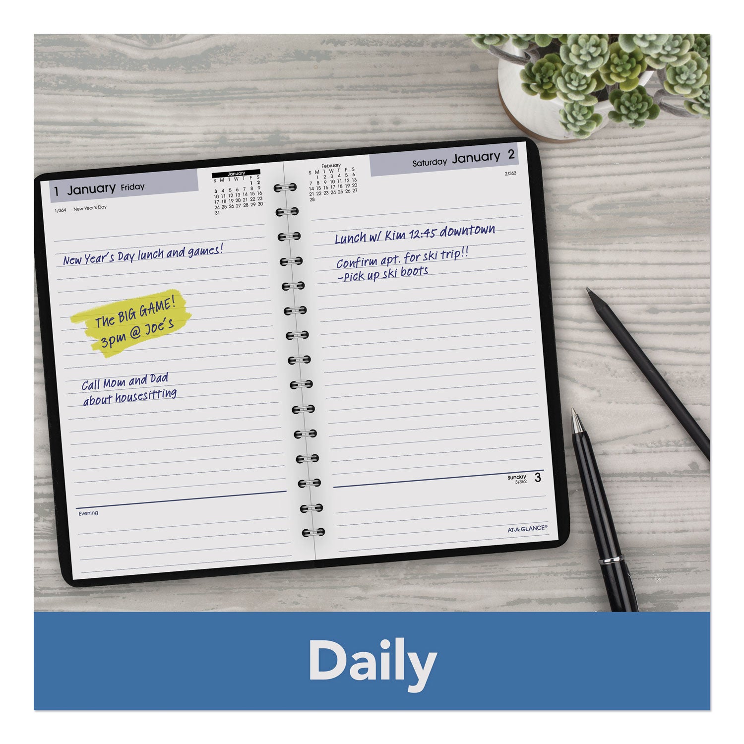 AT-A-GLANCE® DayMinder Daily Appointment Book, 8 x 5, Black Cover, 12-Month (Jan to Dec): 2025