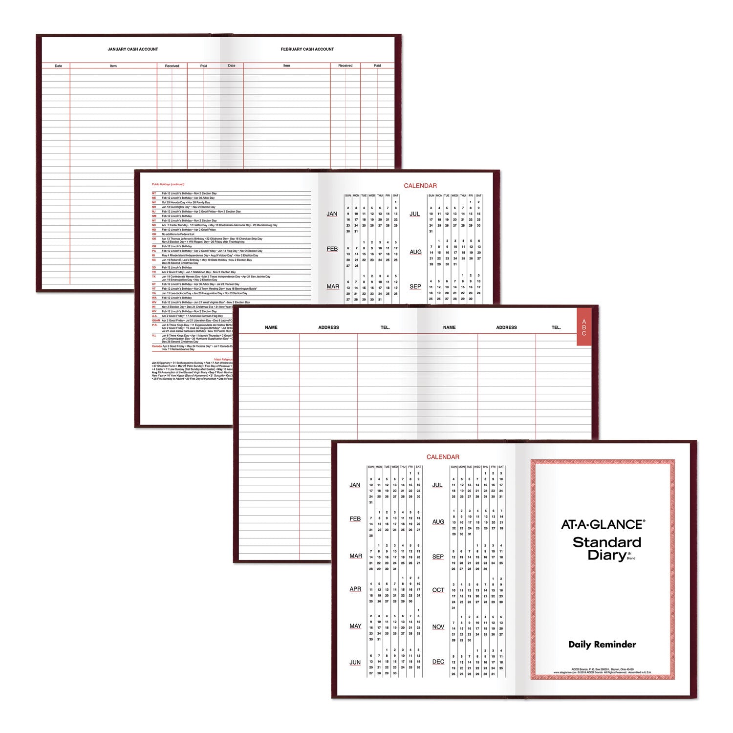 AT-A-GLANCE® Standard Diary Daily Reminder Book, 2025 Edition, Medium/College Rule, Red Cover, (201) 8.25 x 5.75 Sheets