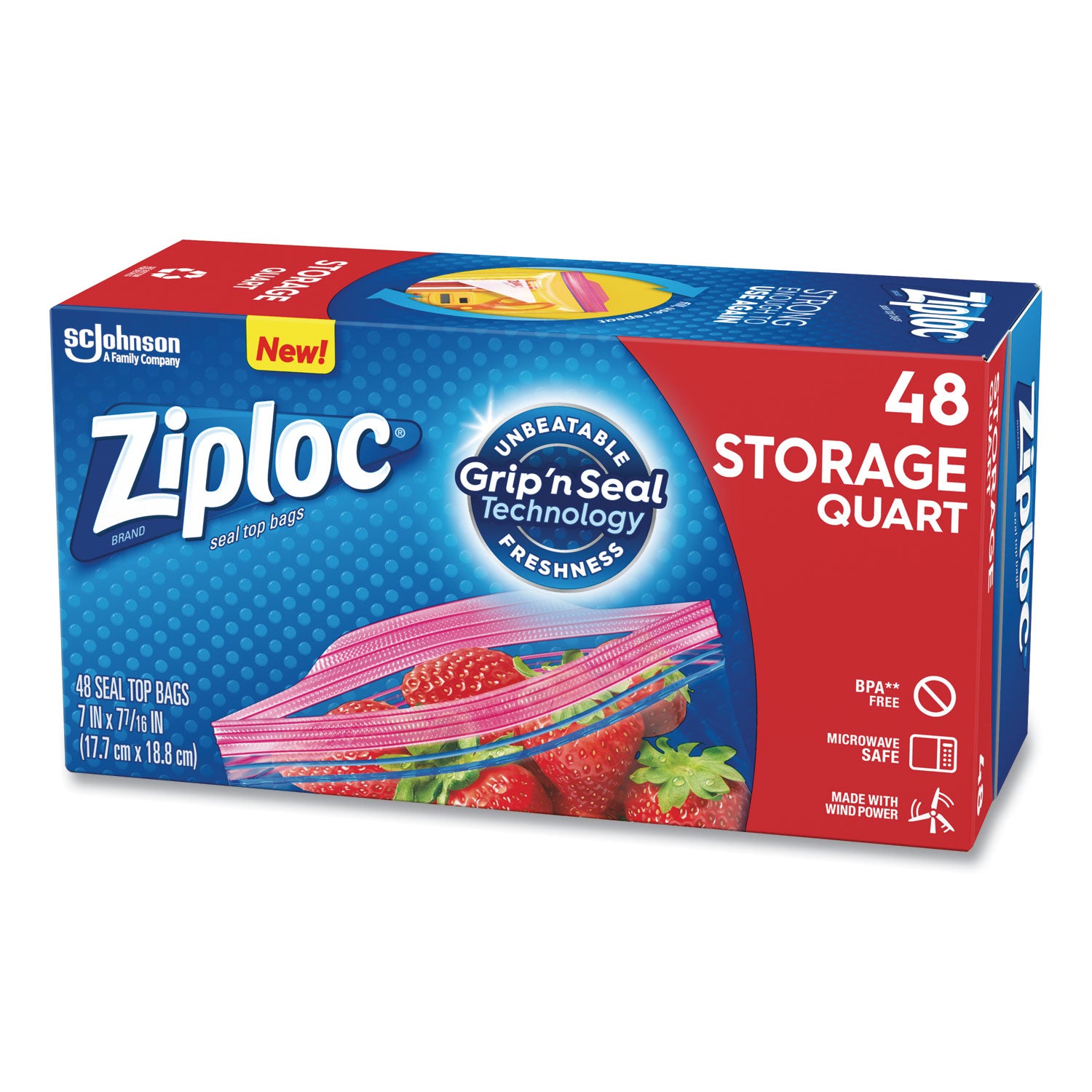 Ziploc® Double Zipper Storage Bags, Triple System Seal, Quart, 9.63" x 8.5", Clear, 48/Box