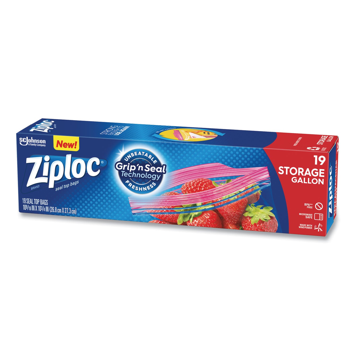 Ziploc® Double Zipper Storage Bags, Triple System Seal, Gallon, 9.6" x 12.1", Clear, 19 Bags/Box, 12 Boxes/Carton