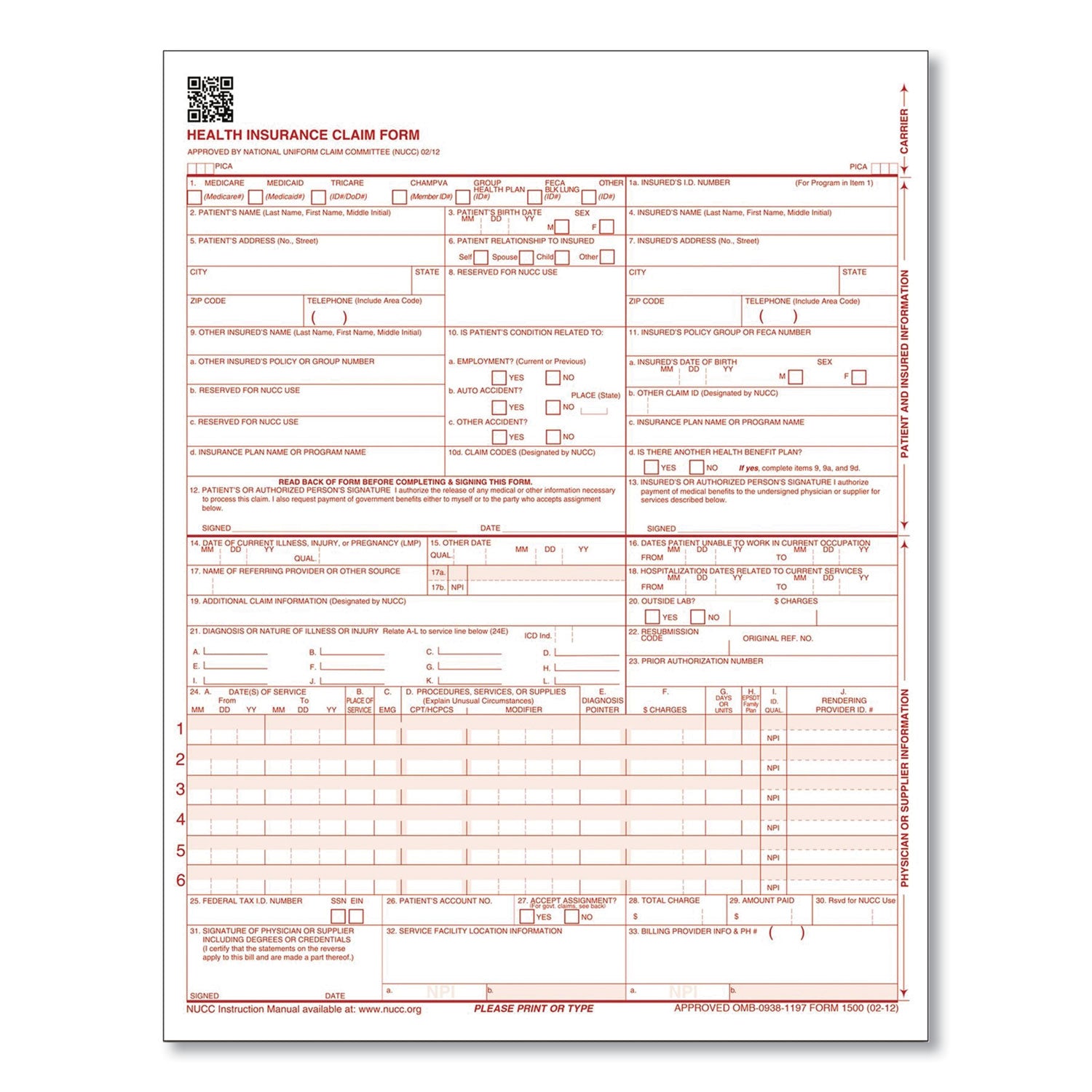 CMS Health Insurance Claim Form, Two-Part Carbonless, 8.5 x 11, 100 Forms Total