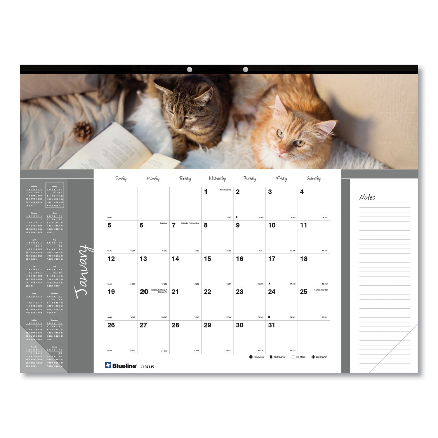 Blueline® Pets Collection Monthly Desk Pad, Furry Kittens Photography, 22 x 17, White Sheets, Black Binding, 12-Month (Jan-Dec): 2025