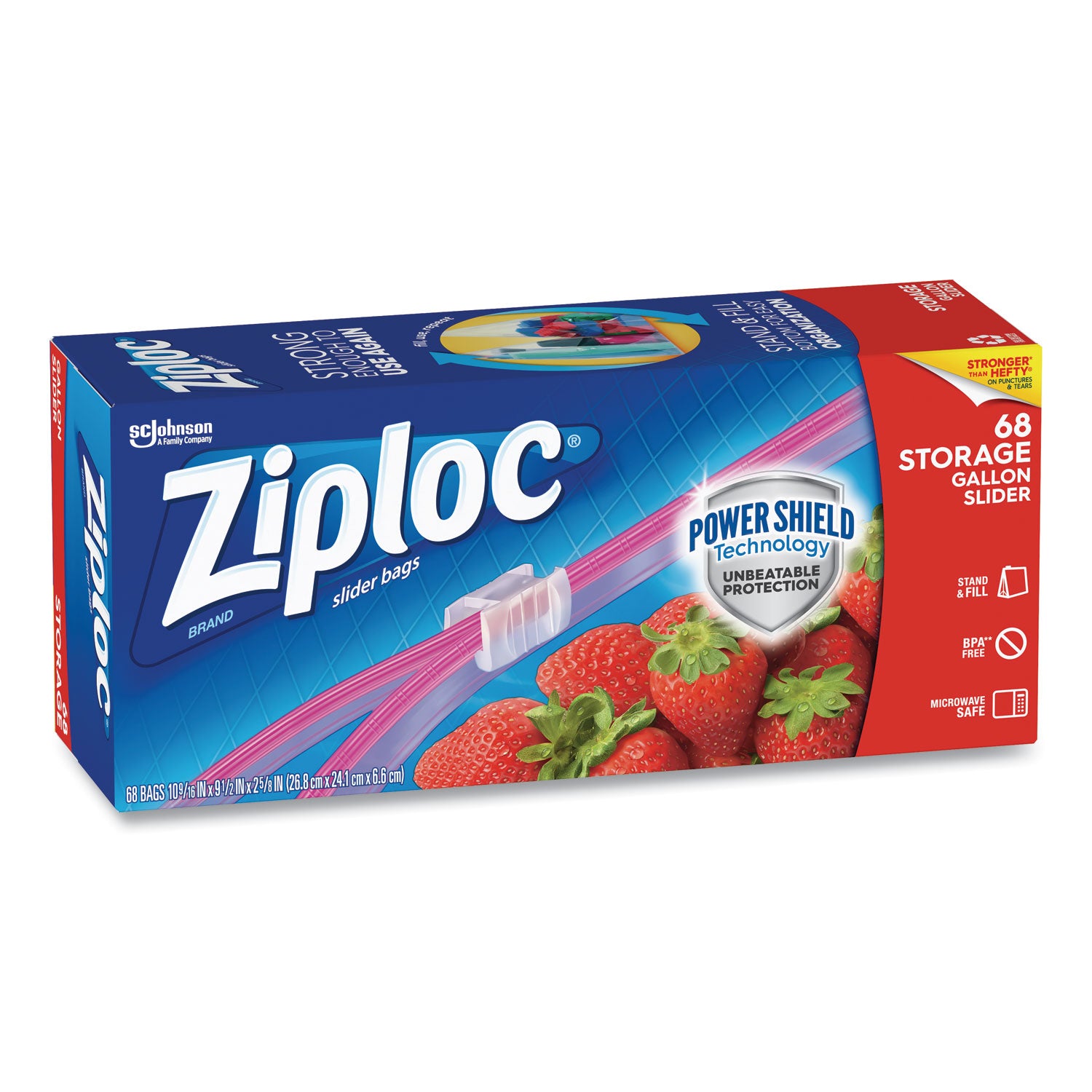 Ziploc® Slider Storage Bags, Gallon, 9.5" x 2.63" x 10.56", Clear, 9/Carton