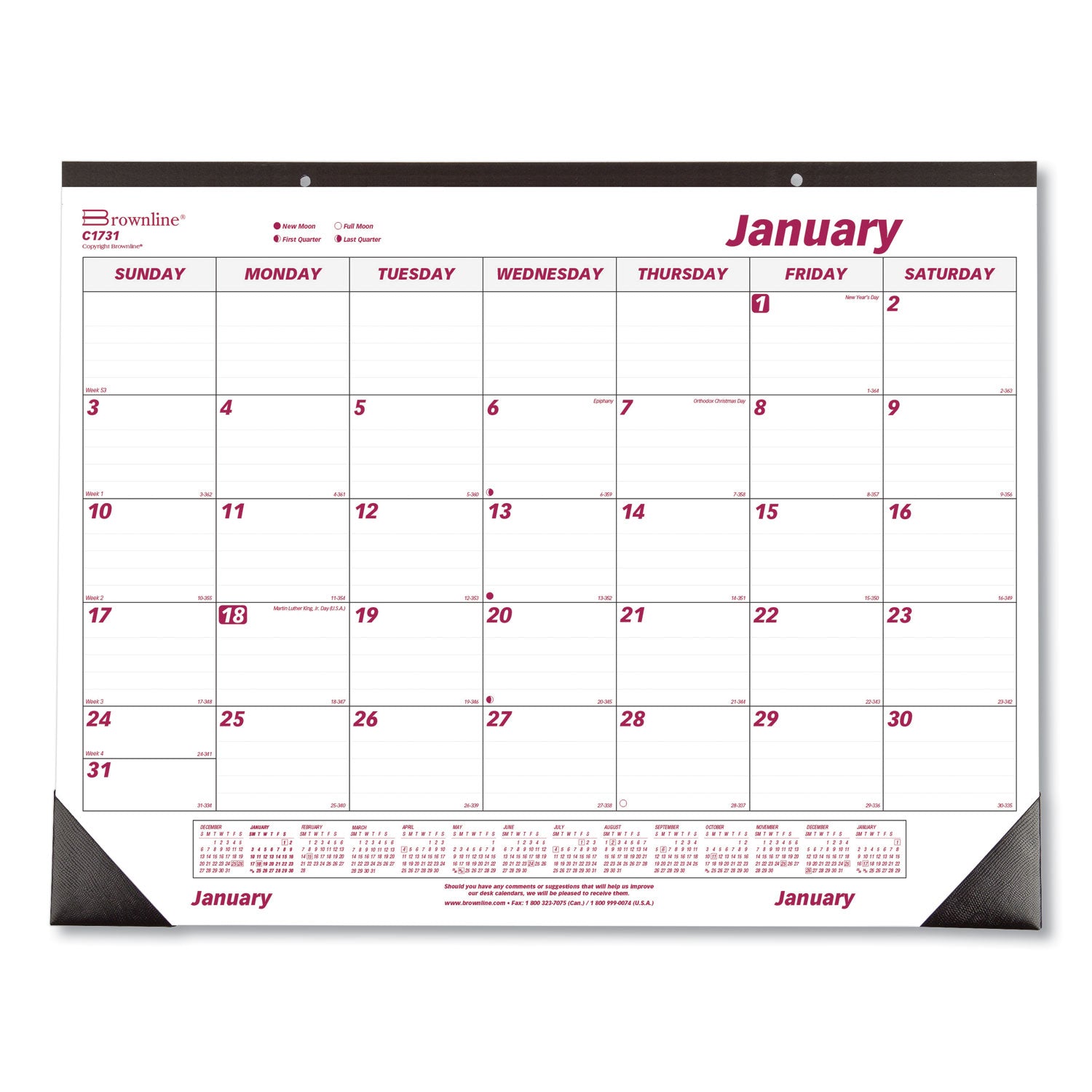 Monthly Desk Pad Calendar, 22 x 17, White/Burgundy Sheets, Black Binding, Black Corners, 12-Month (Jan to Dec): 2025