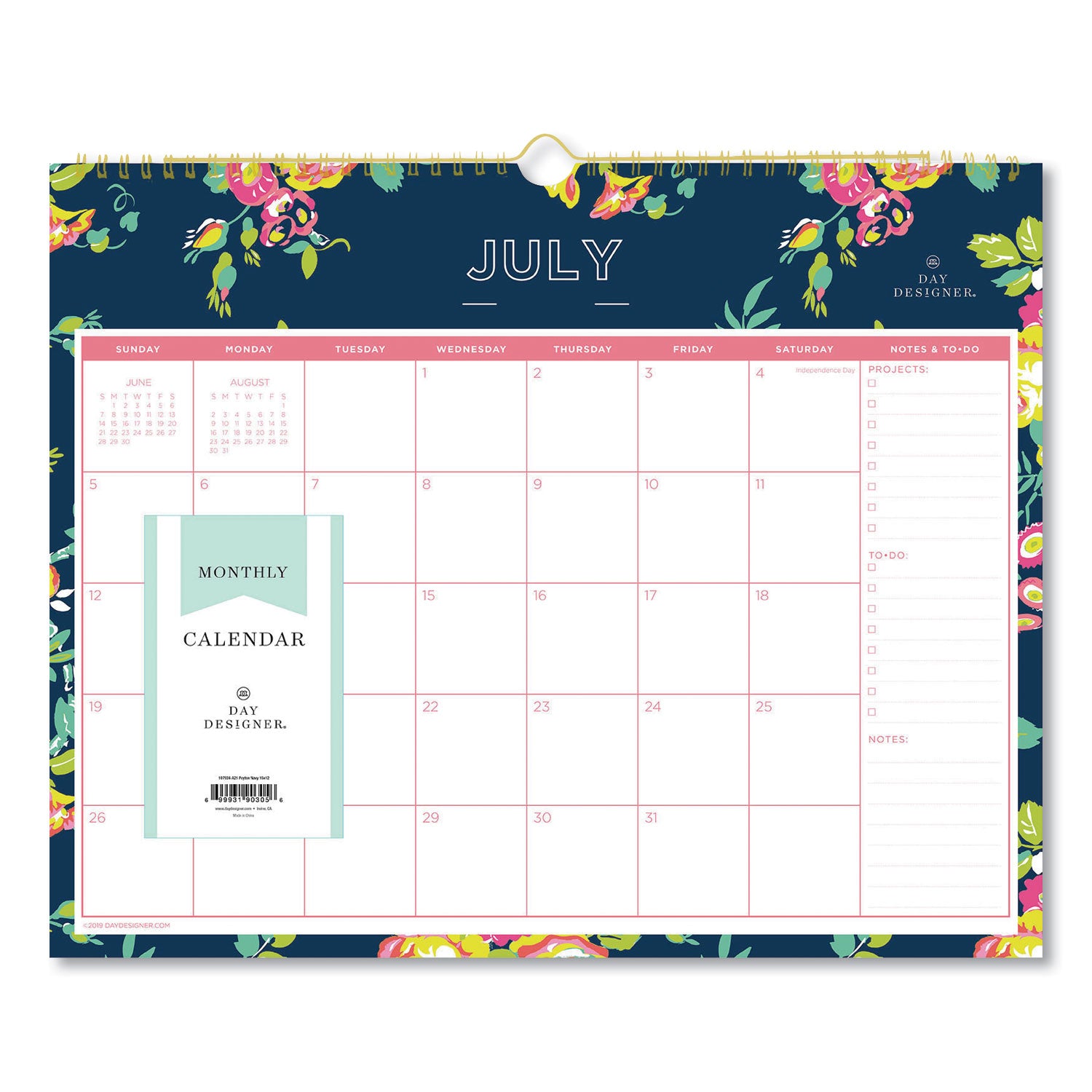 Day Designer Peyton Academic Wall Calendar, Floral Artwork, 15 x 12, White/Navy Sheets, 12-Month (July to June): 2024 to 2025