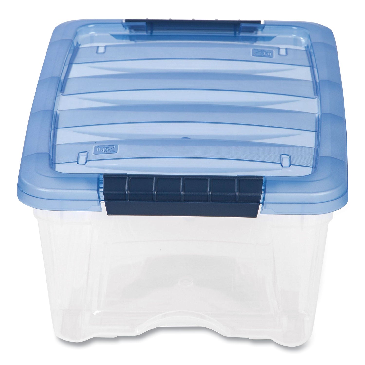 Stack and Pull Latching Flat Lid Storage Box, 3.23 gal, 10.9" x 16.5" x 6.5", Clear/Translucent Blue