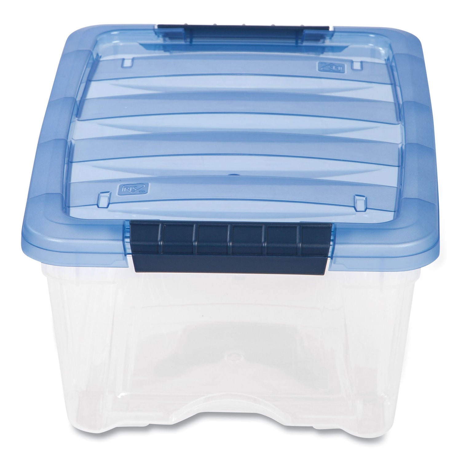 Stack and Pull Latching Flat Lid Storage Box, 3.23 gal, 10.9" x 16.5" x 6.5", Clear/Translucent Blue IRIS Flipcost