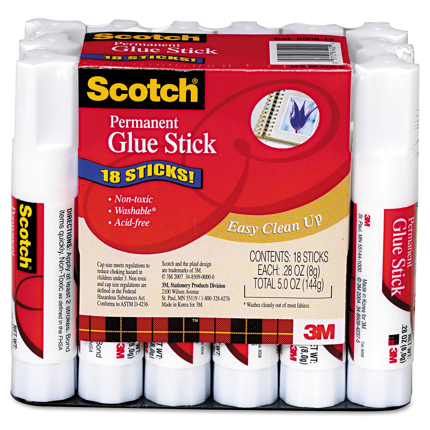 Scotch® Permanent Glue Stick, 0.28 oz, Dries Clear, 18/Pack