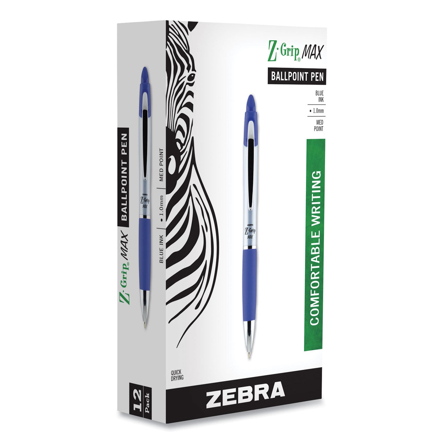 Zebra® Z-Grip MAX Ballpoint Pen, Retractable, Medium 1 mm, Blue Ink, Silver/Blue Barrel, 12/Pack