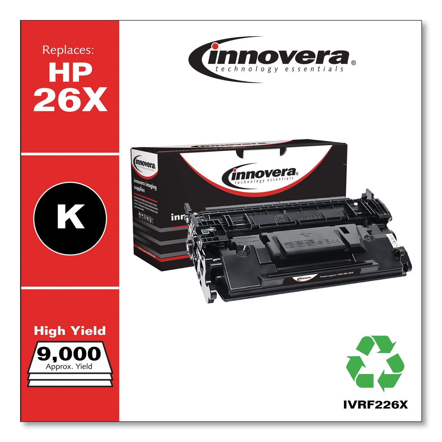 Innovera® Remanufactured Black High-Yield Toner, Replacement for 26X (CF226X), 9,000 Page-Yield