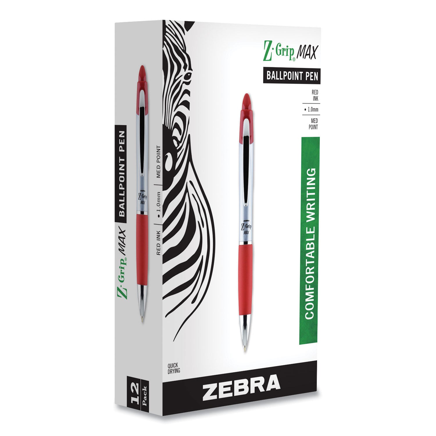 Zebra® Z-Grip MAX Ballpoint Pen, Retractable, Medium 1 mm, Red Ink, Silver/Red Barrel, 12/Pack