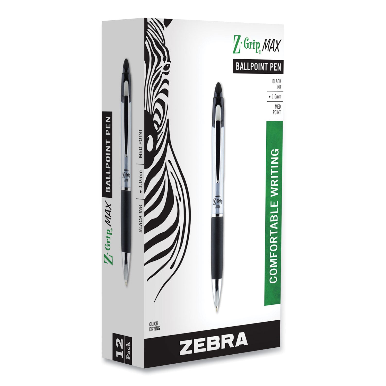 Zebra® Z-Grip MAX Ballpoint Pen, Retractable, Medium 1 mm, Black Ink, Silver/Black Barrel, 12/Pack