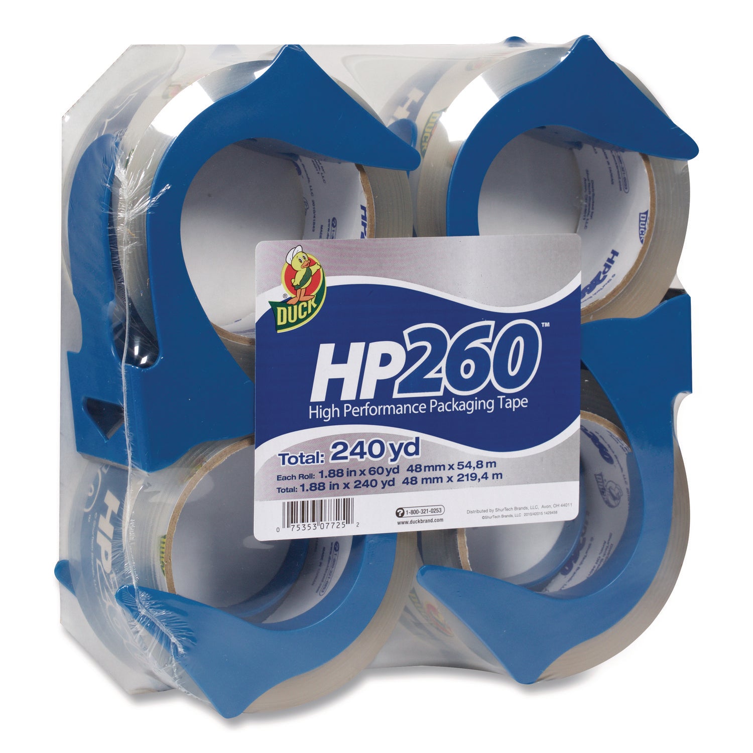 HP260 Packaging Tape with Dispenser, 3" Core, 1.88" x 60 yds, Clear, 4/Pack