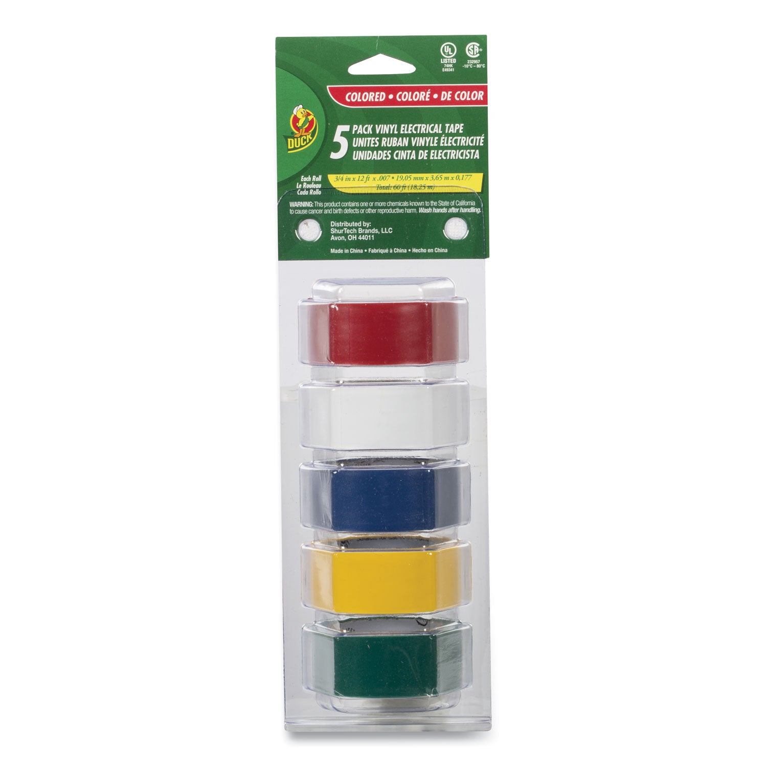 Electrical Tape, 1" Core, 0.75" x 12 ft, Assorted Colors, 5/Pack