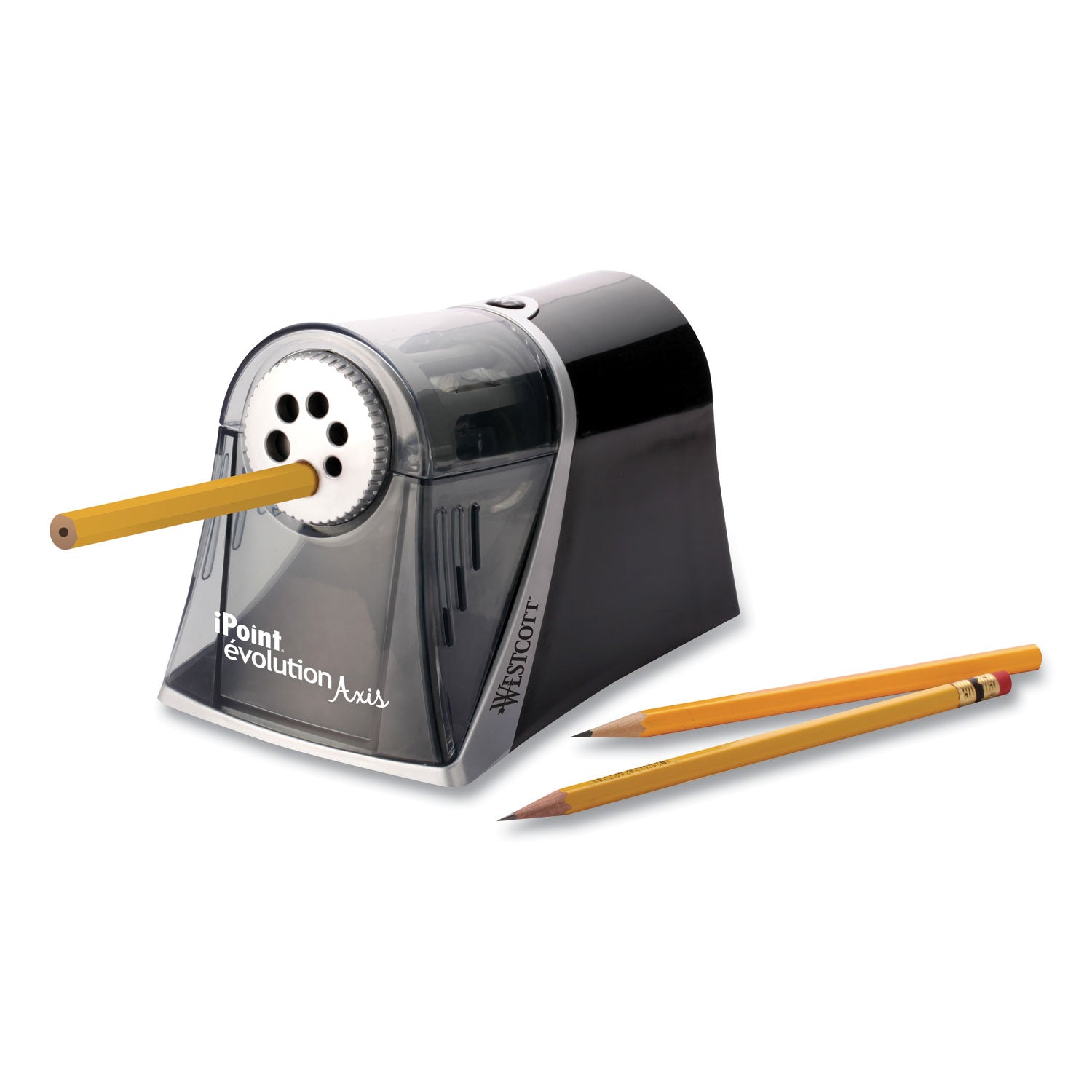 Westcott® iPoint Evolution Axis Pencil Sharpener, AC-Powered, 5 x 7.5 x 7.25, Black/Silver