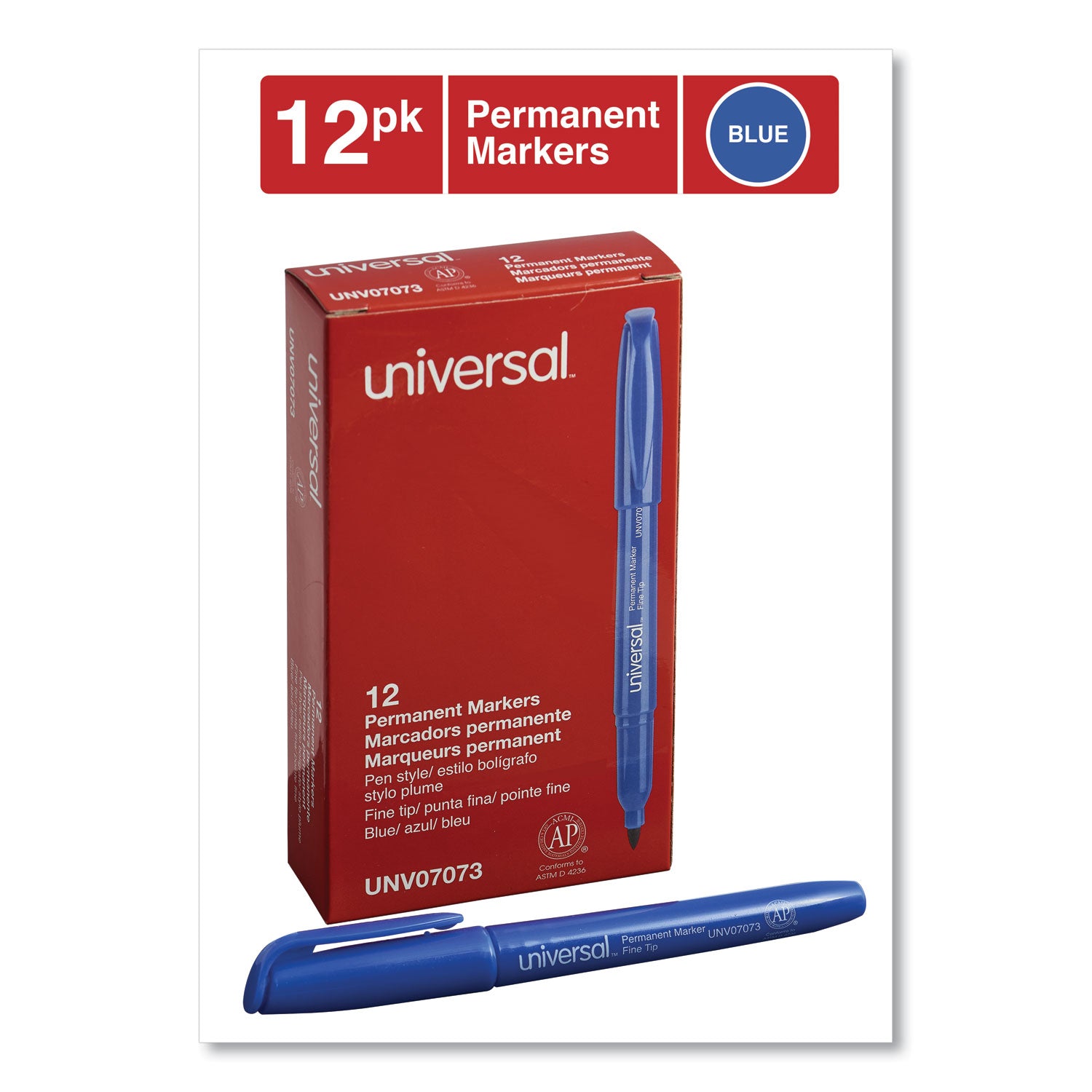 Universal™ Pen-Style Permanent Marker, Fine Bullet Tip, Blue, Dozen