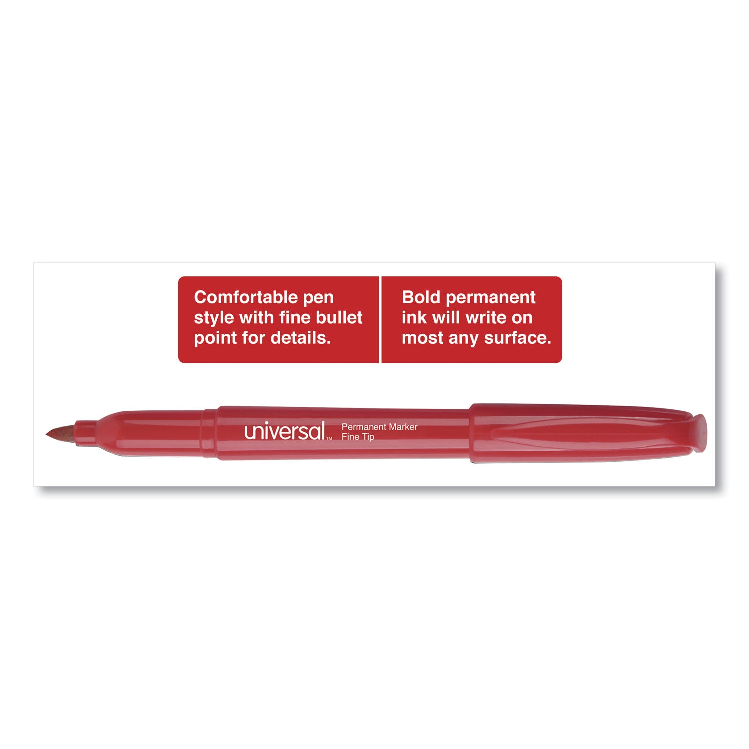 Universal™ Pen-Style Permanent Marker, Fine Bullet Tip, Red, Dozen