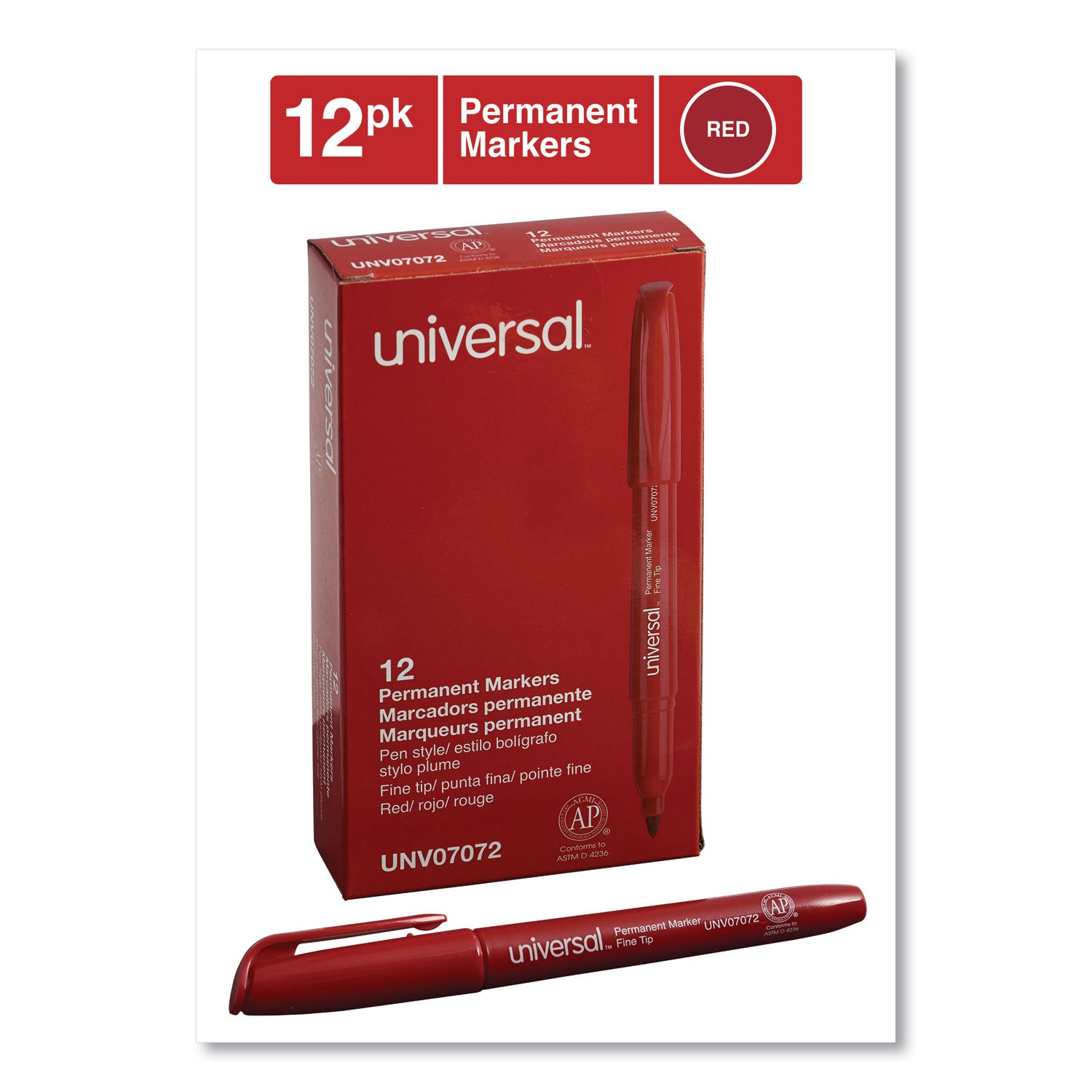 Universal™ Pen-Style Permanent Marker, Fine Bullet Tip, Red, Dozen