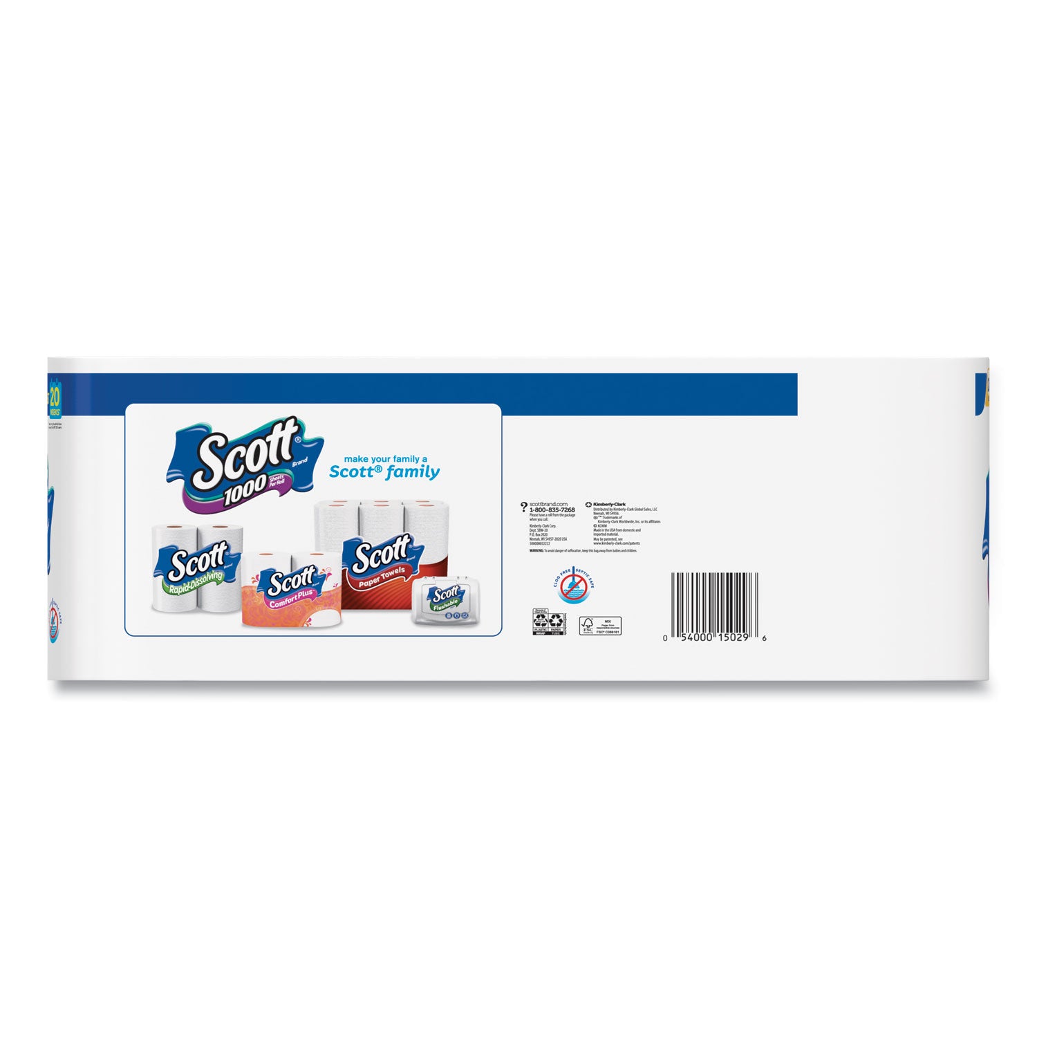 Scott® Standard Roll Bathroom Tissue, Septic Safe, 1-Ply, White, 1,000 Sheets/Roll, 20/Pack, 2 Packs/Carton