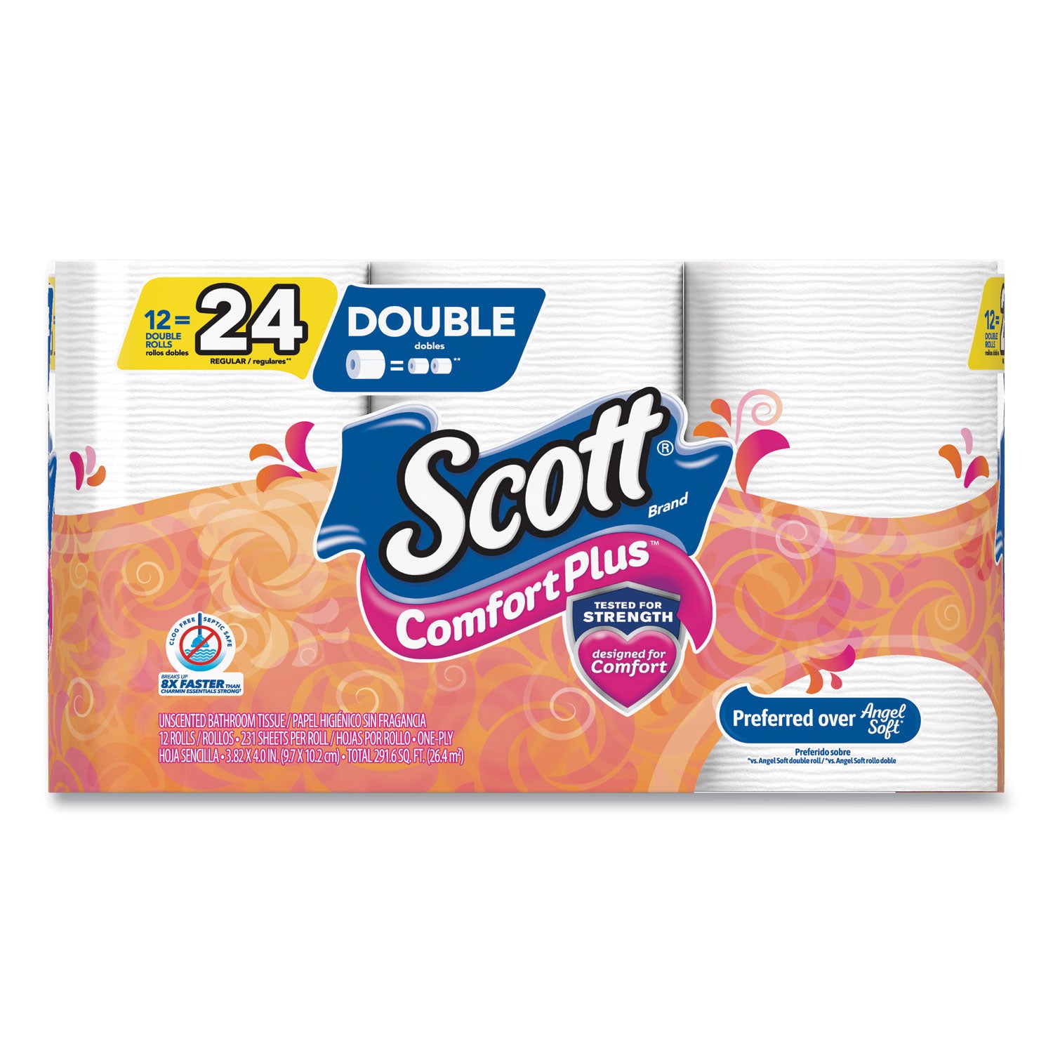 Scott® ComfortPlus Toilet Paper, Double Roll, Bath Tissue, Septic Safe, 1-Ply, White, 231 Sheets/Roll, 12 Rolls/Pack, 4 Packs/Carton