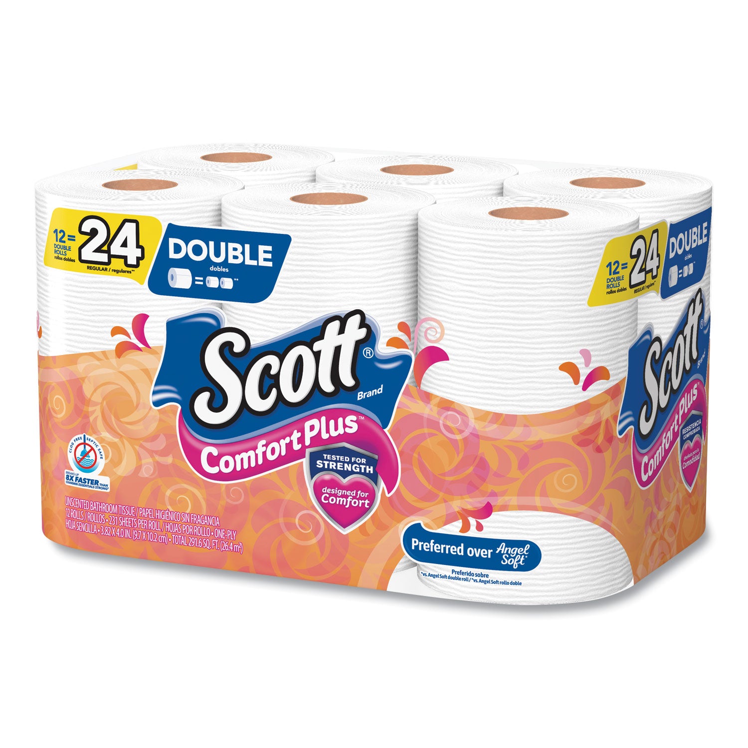 Scott® ComfortPlus Toilet Paper, Double Roll, Bath Tissue, Septic Safe, 1-Ply, White, 231 Sheets/Roll, 12 Rolls/Pack, 4 Packs/Carton