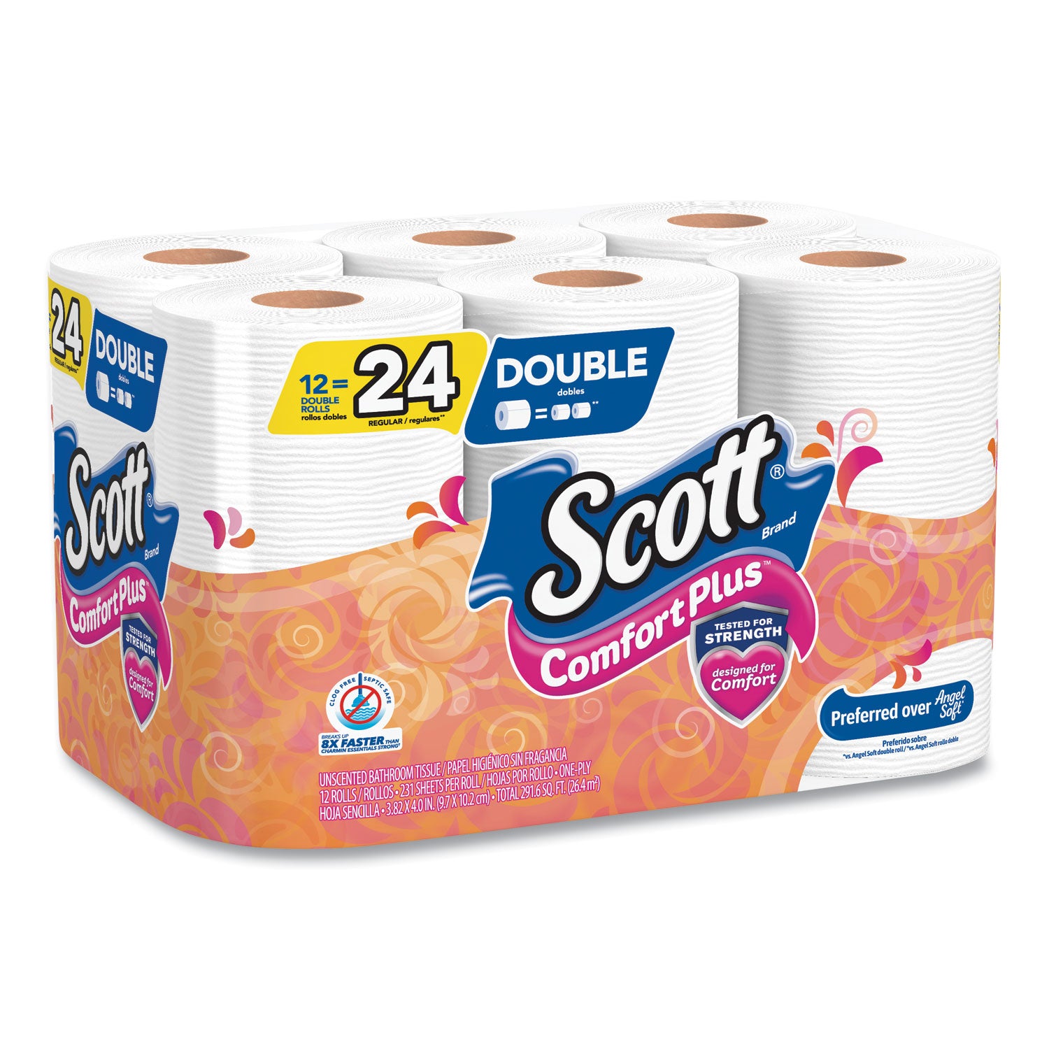 Scott® ComfortPlus Toilet Paper, Double Roll, Bath Tissue, Septic Safe, 1-Ply, White, 231 Sheets/Roll, 12 Rolls/Pack, 4 Packs/Carton