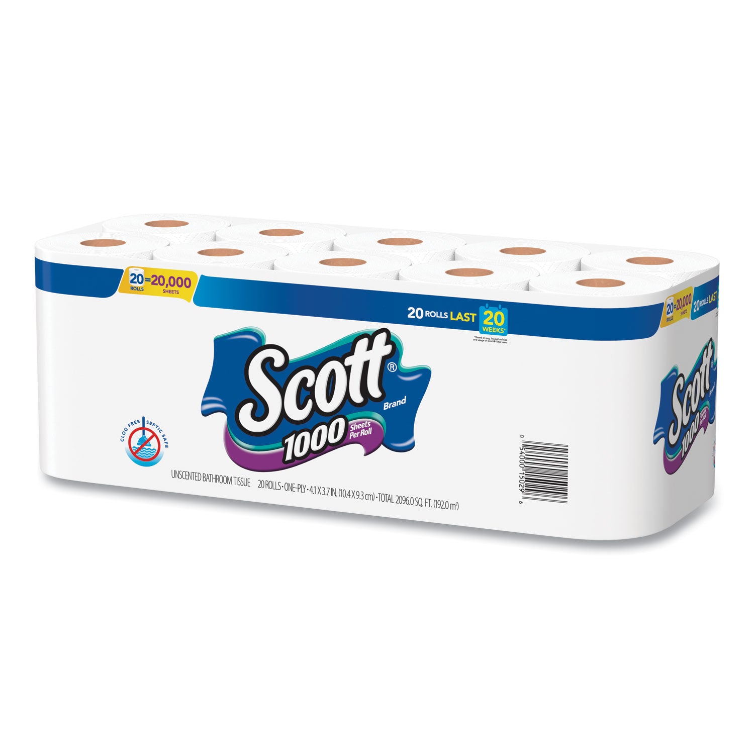 Scott® Standard Roll Bathroom Tissue, Septic Safe, 1-Ply, White, 1,000 Sheets/Roll, 20/Pack, 2 Packs/Carton