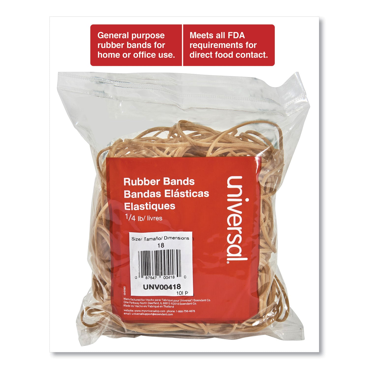 Universal® Rubber Bands, Size 18, 0.04" Gauge, Beige, 4 oz Box, 400/Pack