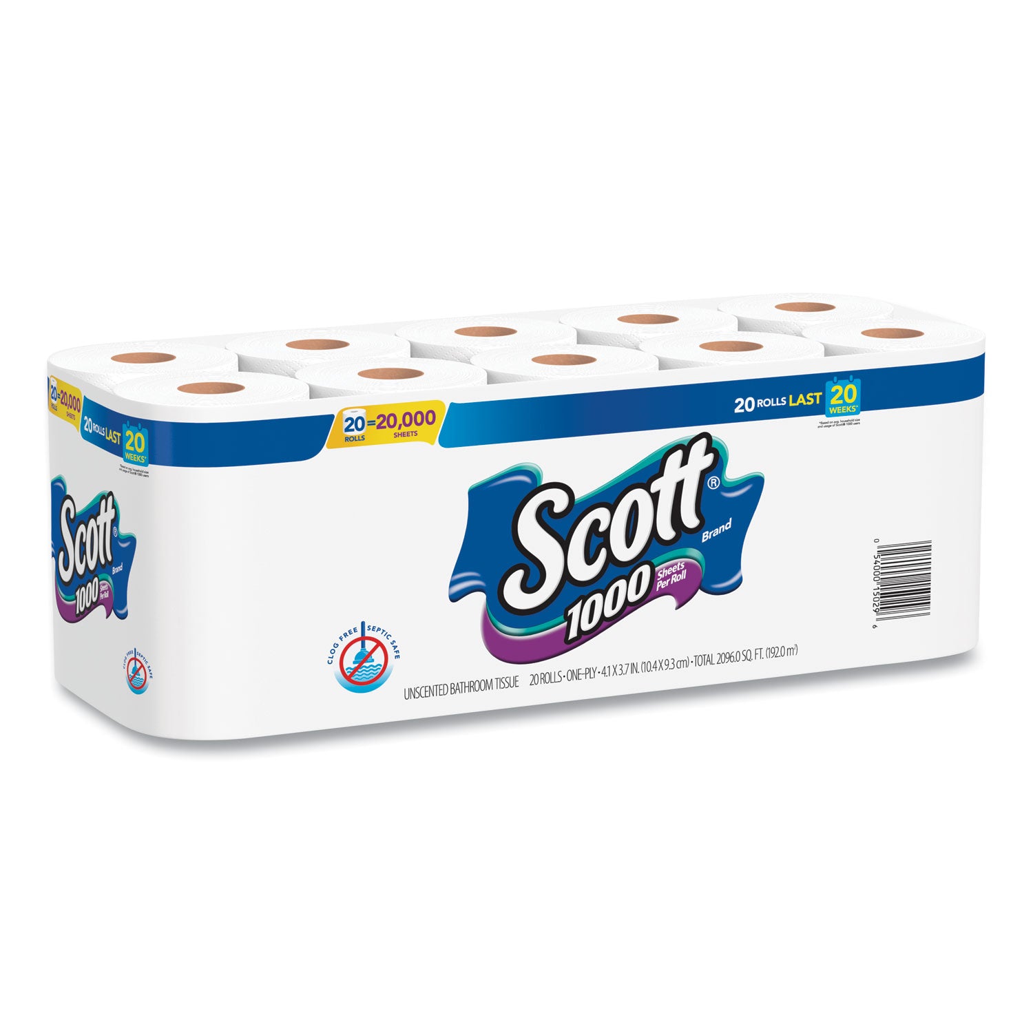 Scott® 1000 Bathroom Tissue, Septic Safe, 1-Ply, White, 1,000 Sheet/Roll, 20/Pack