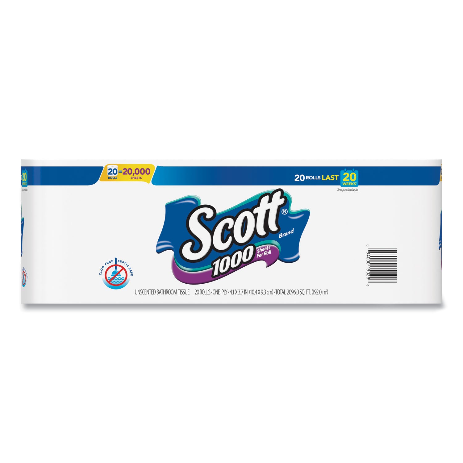 Scott® Standard Roll Bathroom Tissue, Septic Safe, 1-Ply, White, 1,000 Sheets/Roll, 20/Pack, 2 Packs/Carton