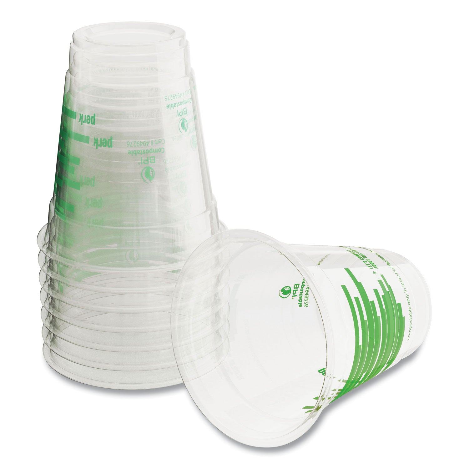 Perk™ Eco-ID Compostable PLA Corn Plastic Cold Cups, 12 oz, Clear/Green, 50/Pack, 6 Packs/Carton