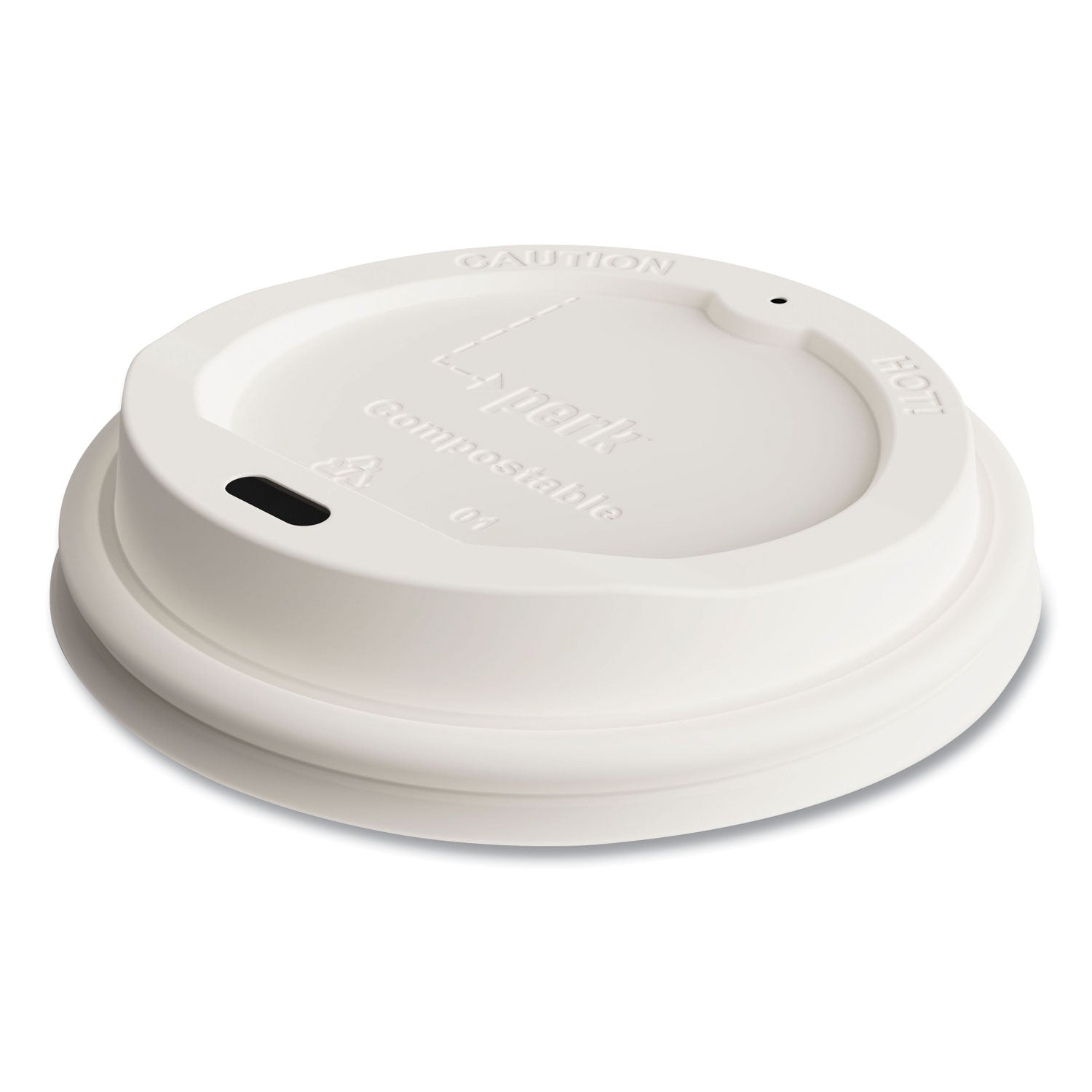 Perk™ Compostable Plastic Hot Cup Lids, Fits 10 oz , 12 oz, 16 oz Cups, White, 50/Pack