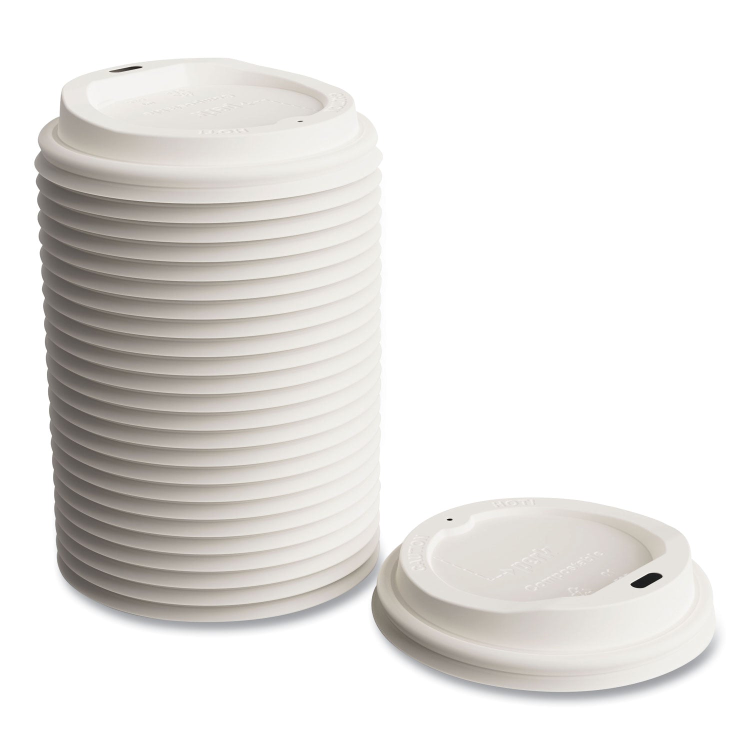 Perk™ Compostable Plastic Hot Cup Lids, Fits 10 oz , 12 oz, 16 oz Cups, White, 50/Pack