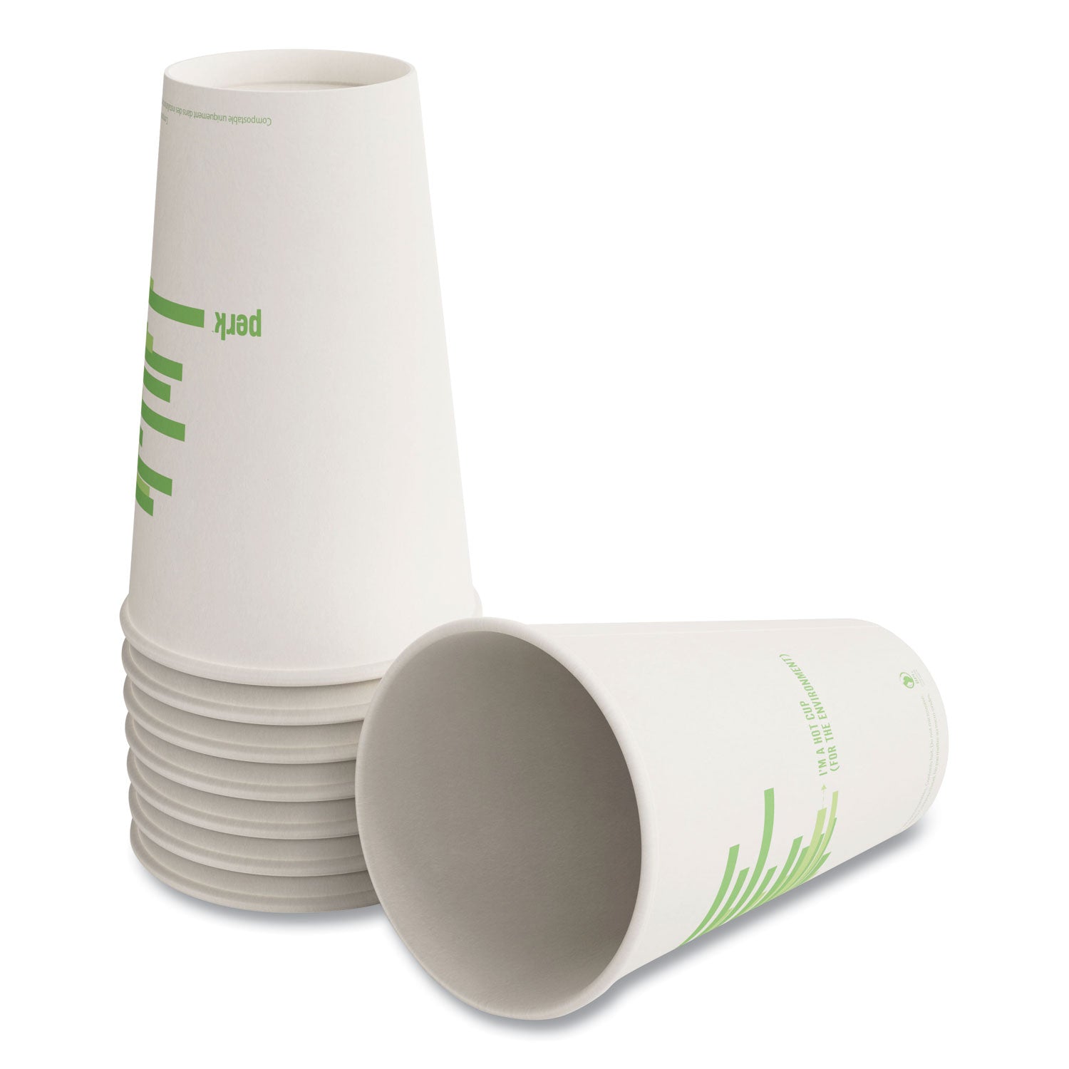 Perk™ Eco-ID Compostable Paper Hot Cups, 12 oz,  White/Green, 50/Pack