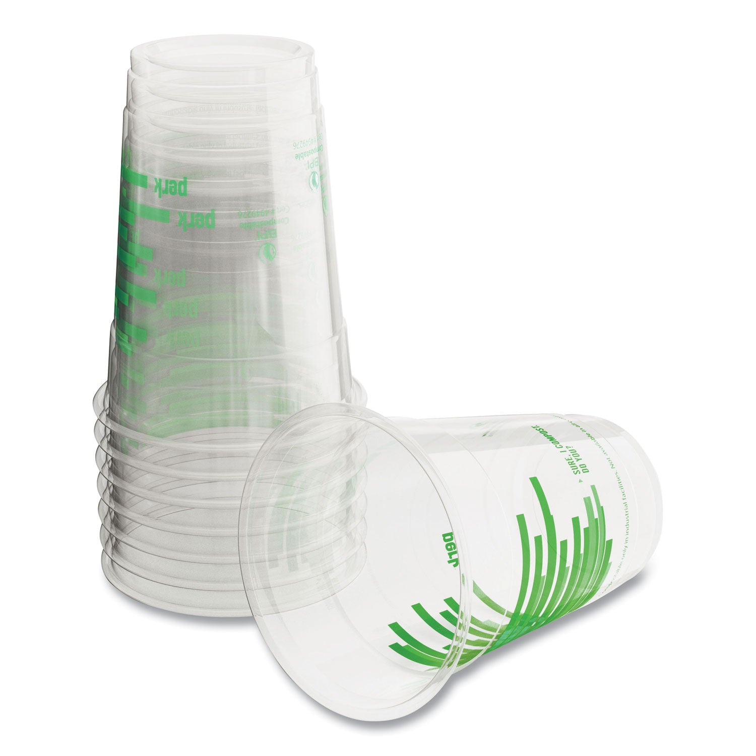 Perk™ Eco-ID Compostable PLA Corn Plastic Cold Cups, 16 oz, Clear/Green, 50/Pack, 6 Packs/Carton