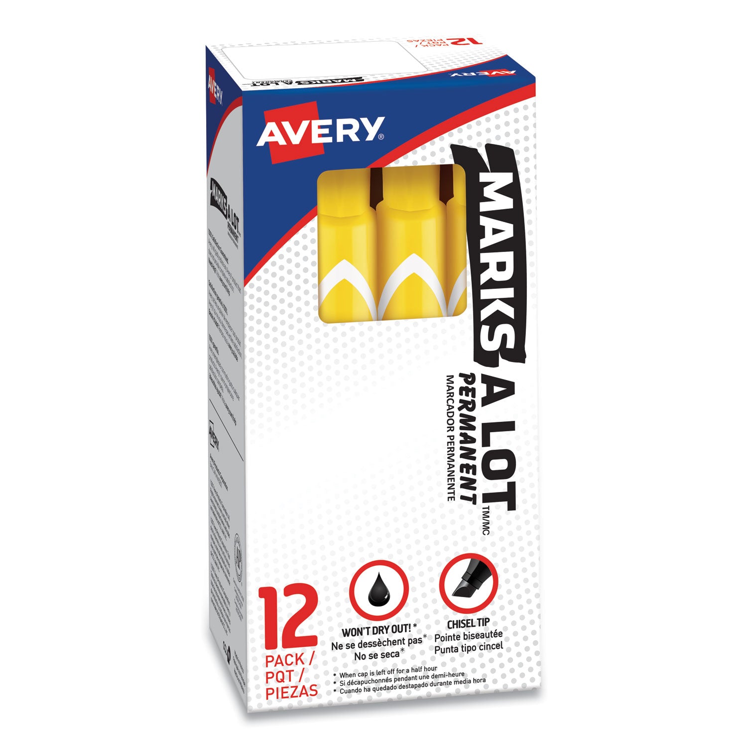 Avery® MARKS A LOT Large Desk-Style Permanent Marker, Broad Chisel Tip, Yellow, Dozen (8882)