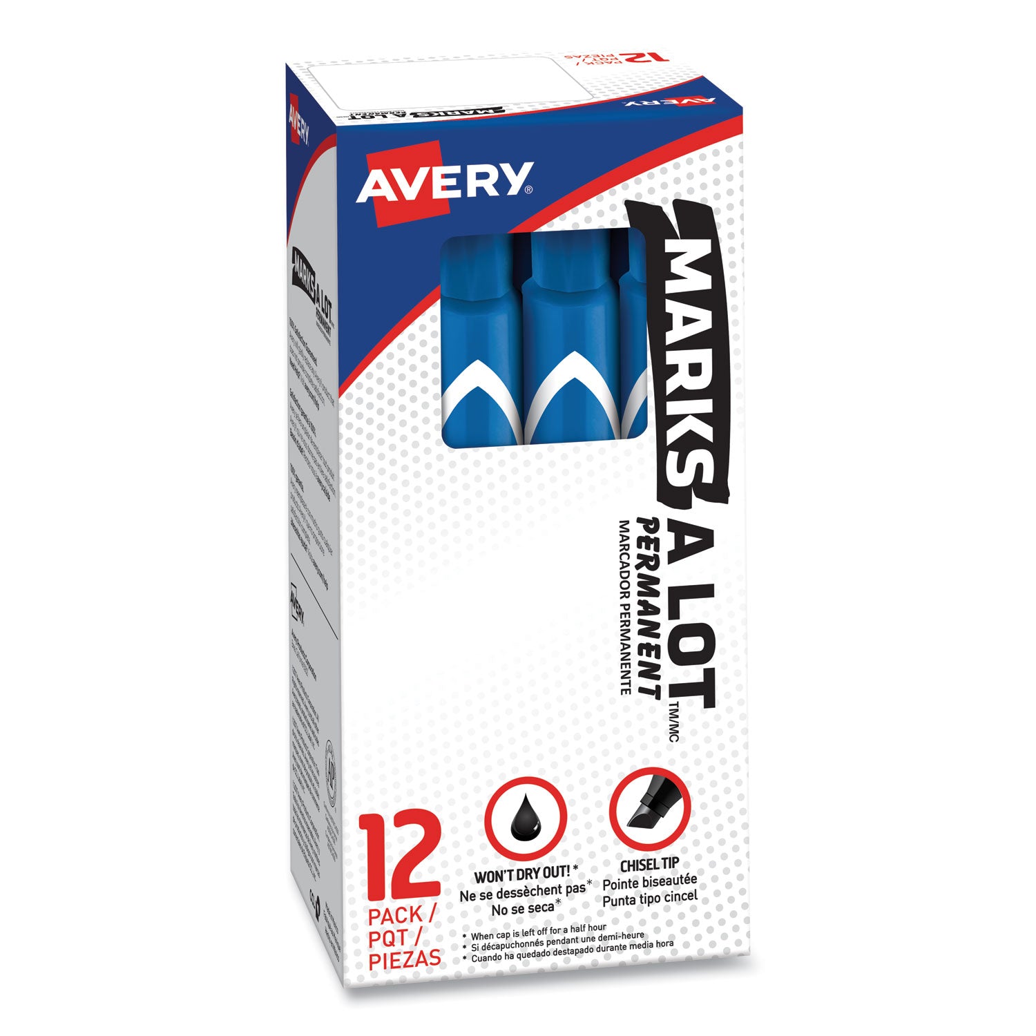 Avery® MARKS A LOT Large Desk-Style Permanent Marker, Broad Chisel Tip, Blue, Dozen (8886)