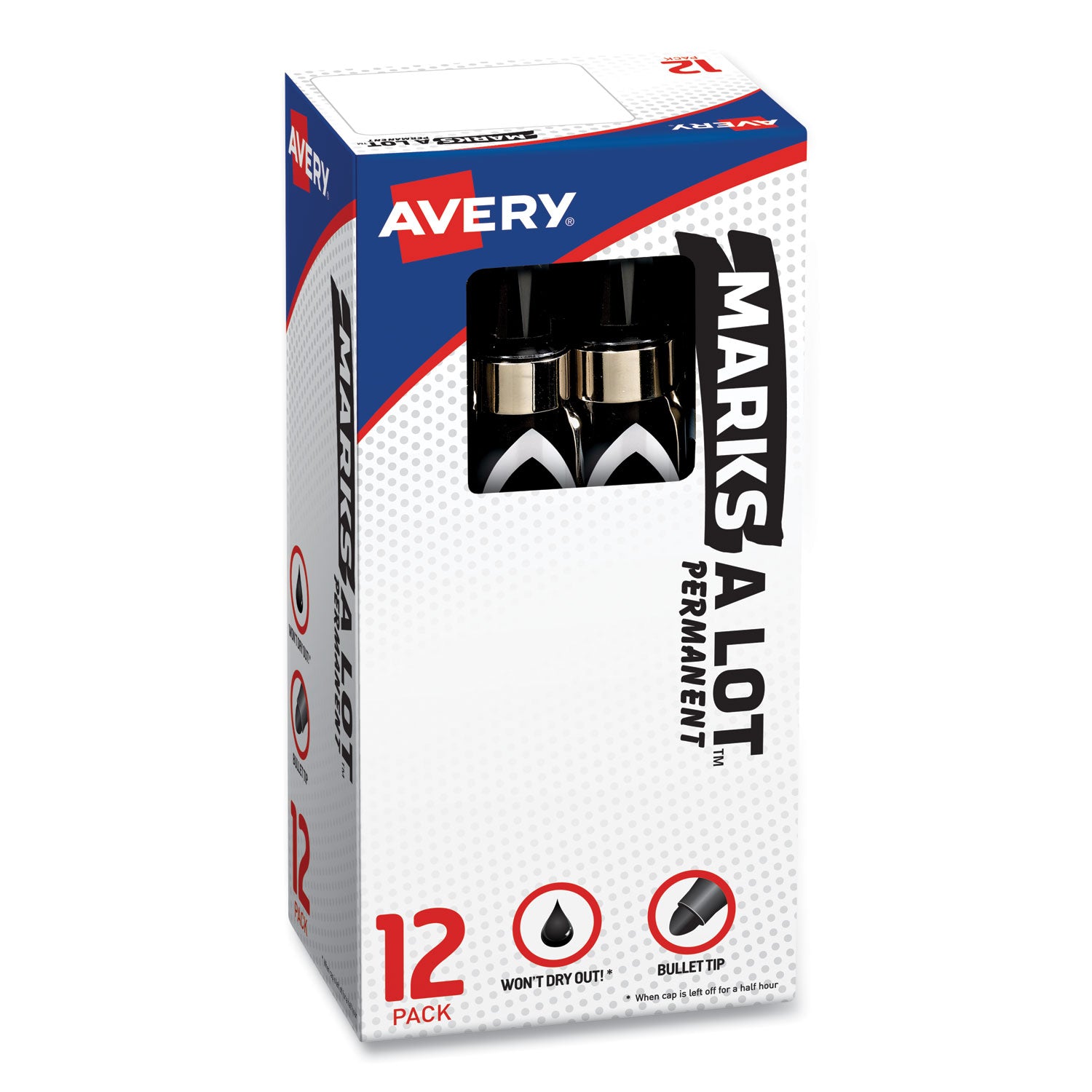 Avery® MARKS A LOT Large Desk-Style Permanent Marker with Metal Pocket Clip, Broad Bullet Tip, Black, Dozen (24878)