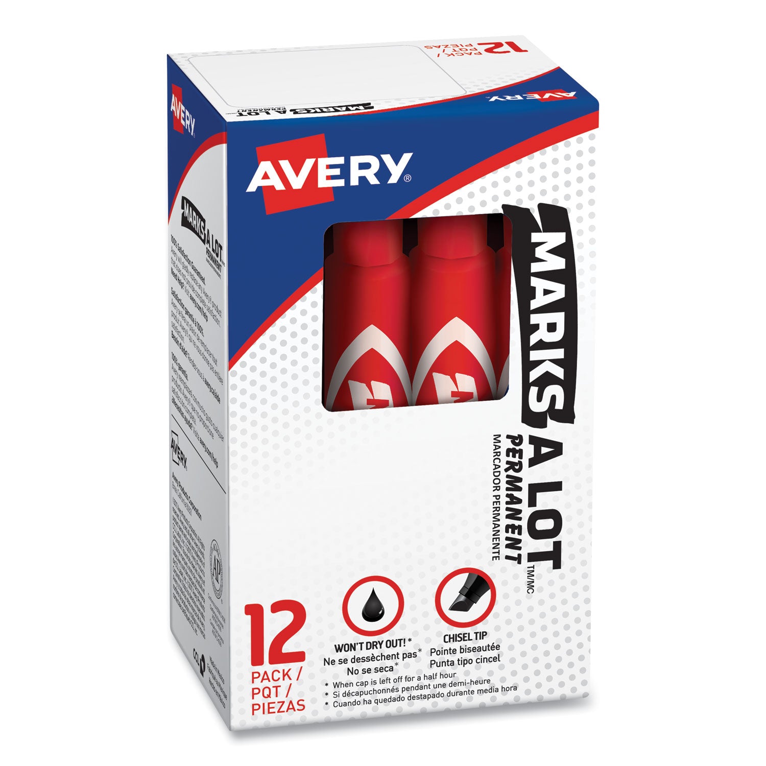 Avery® MARKS A LOT Regular Desk-Style Permanent Marker, Broad Chisel Tip, Red, Dozen (7887)