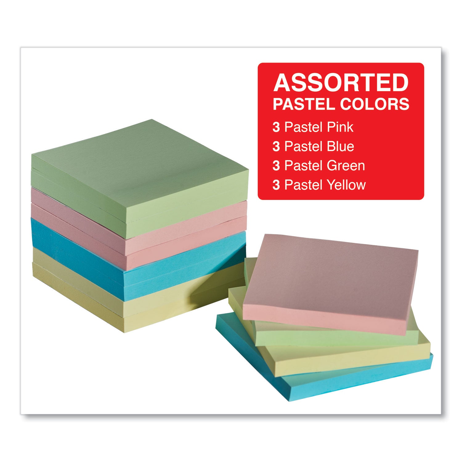 Universal® Self-Stick Note Pads, 3" x 3", Assorted Pastel Colors, 100 Sheets/Pad, 12 Pads/Pack