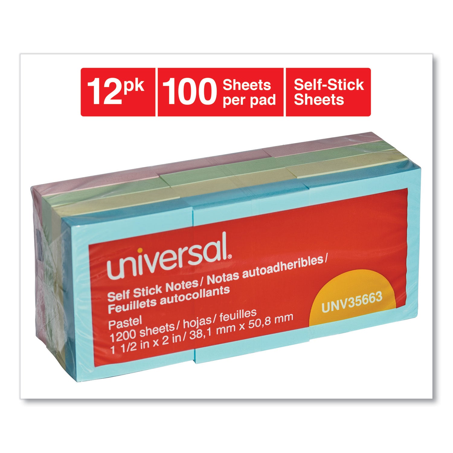 Universal® Self-Stick Note Pads, 1.5" x 2", Assorted Pastel Colors, 100 Sheets/Pad, 12 Pads/Pack