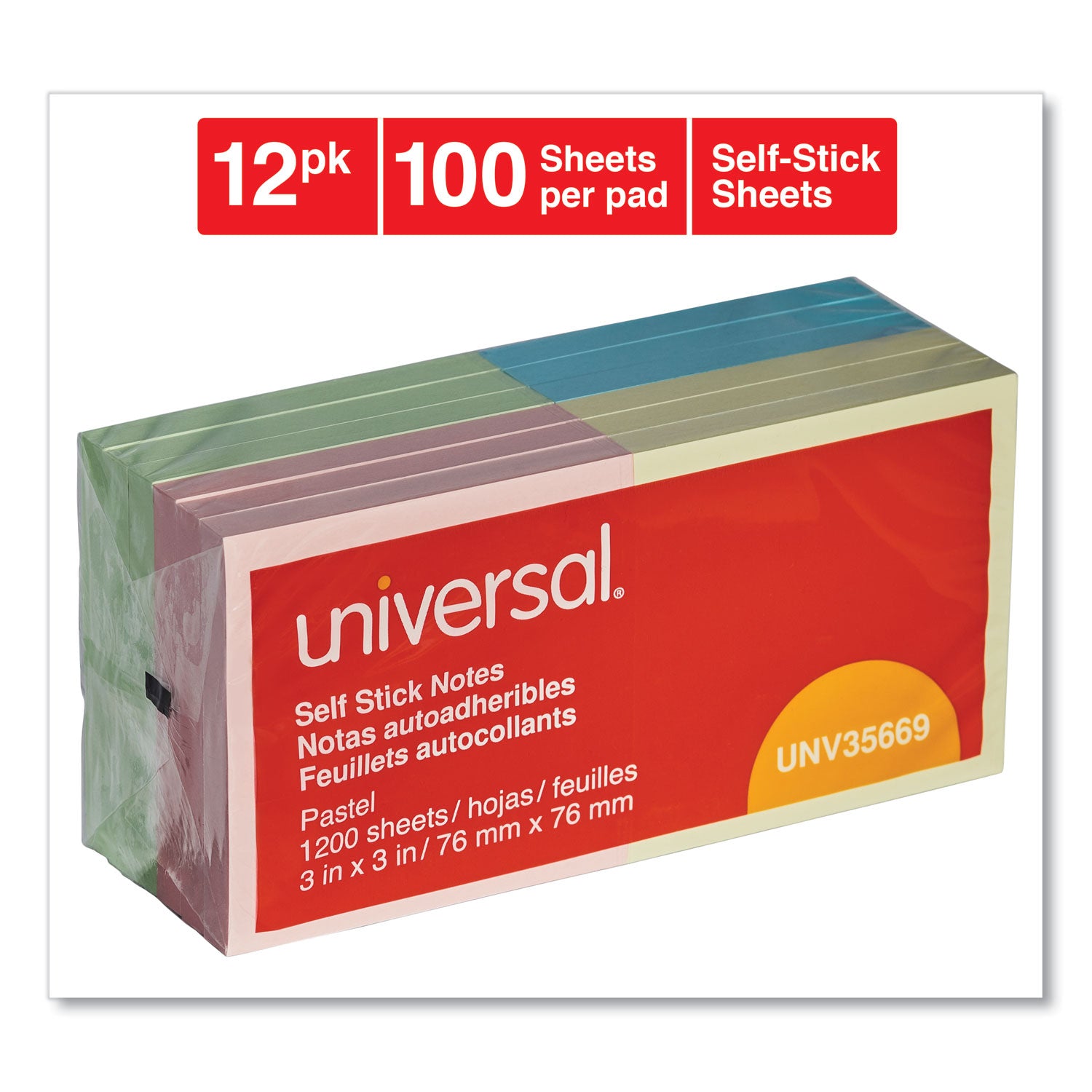 Universal® Self-Stick Note Pads, 3" x 3", Assorted Pastel Colors, 100 Sheets/Pad, 12 Pads/Pack