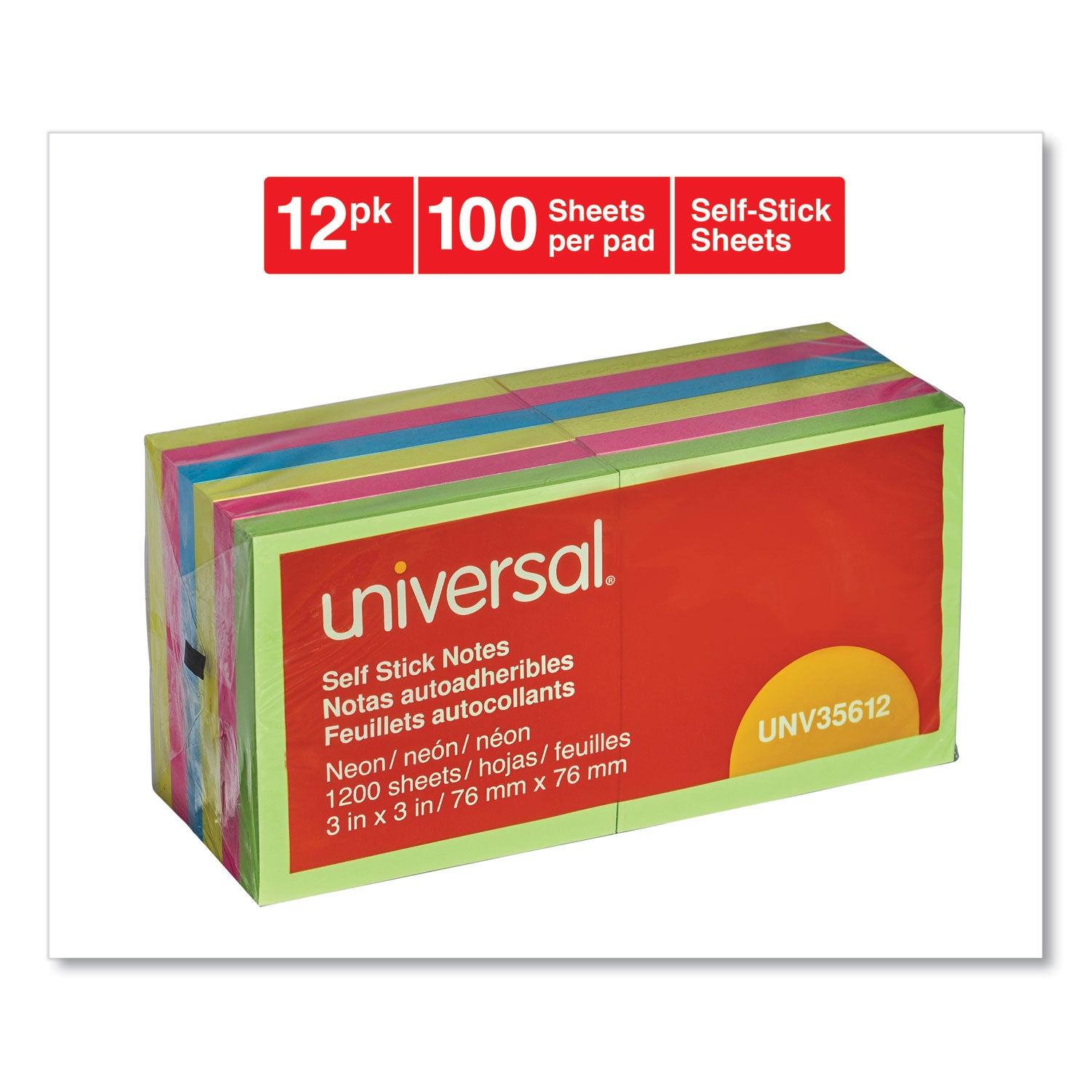 Universal® Self-Stick Note Pads, 3" x 3", Assorted Neon Colors, 100 Sheets/Pad, 12 Pads/Pack