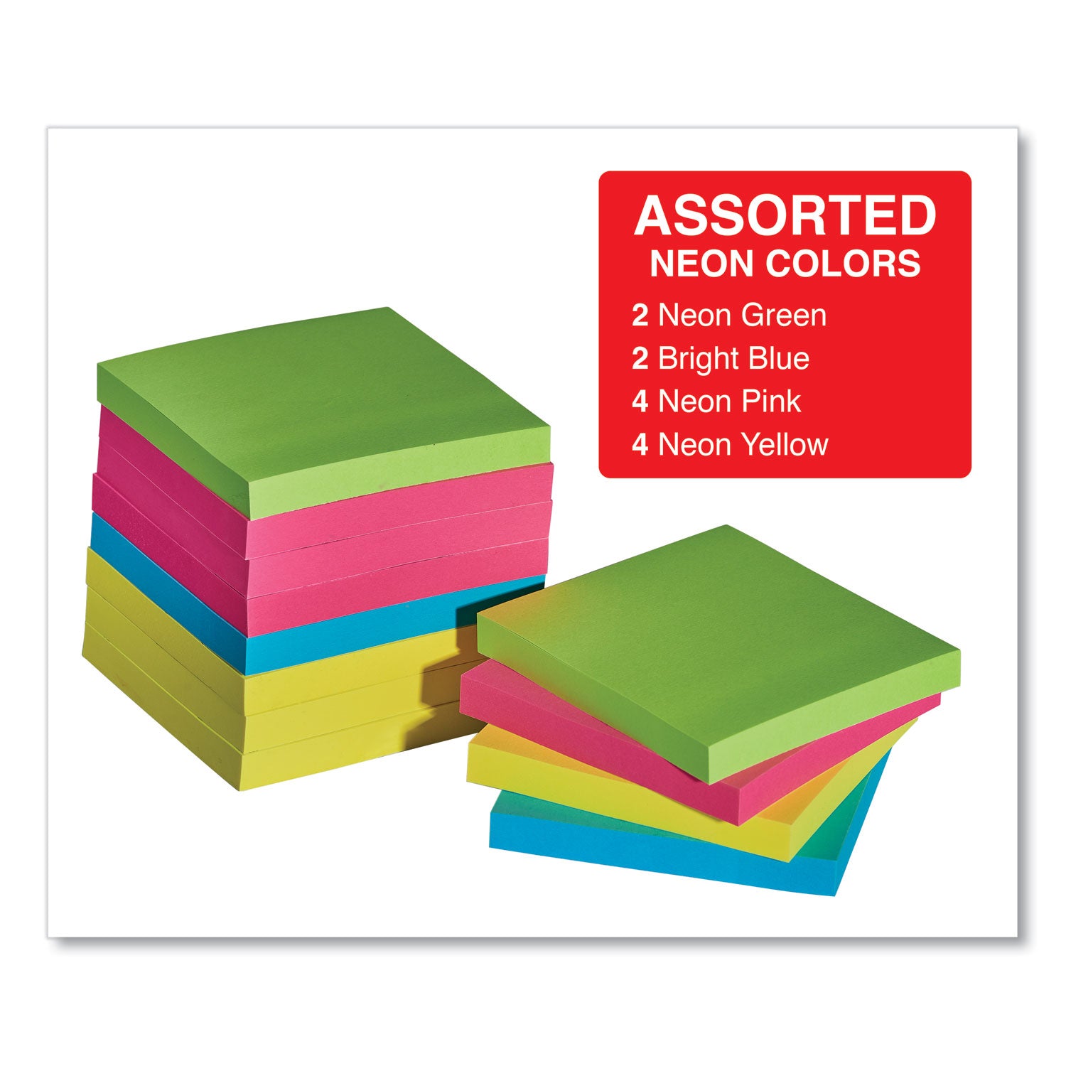 Universal® Self-Stick Note Pads, 3" x 3", Assorted Neon Colors, 100 Sheets/Pad, 12 Pads/Pack